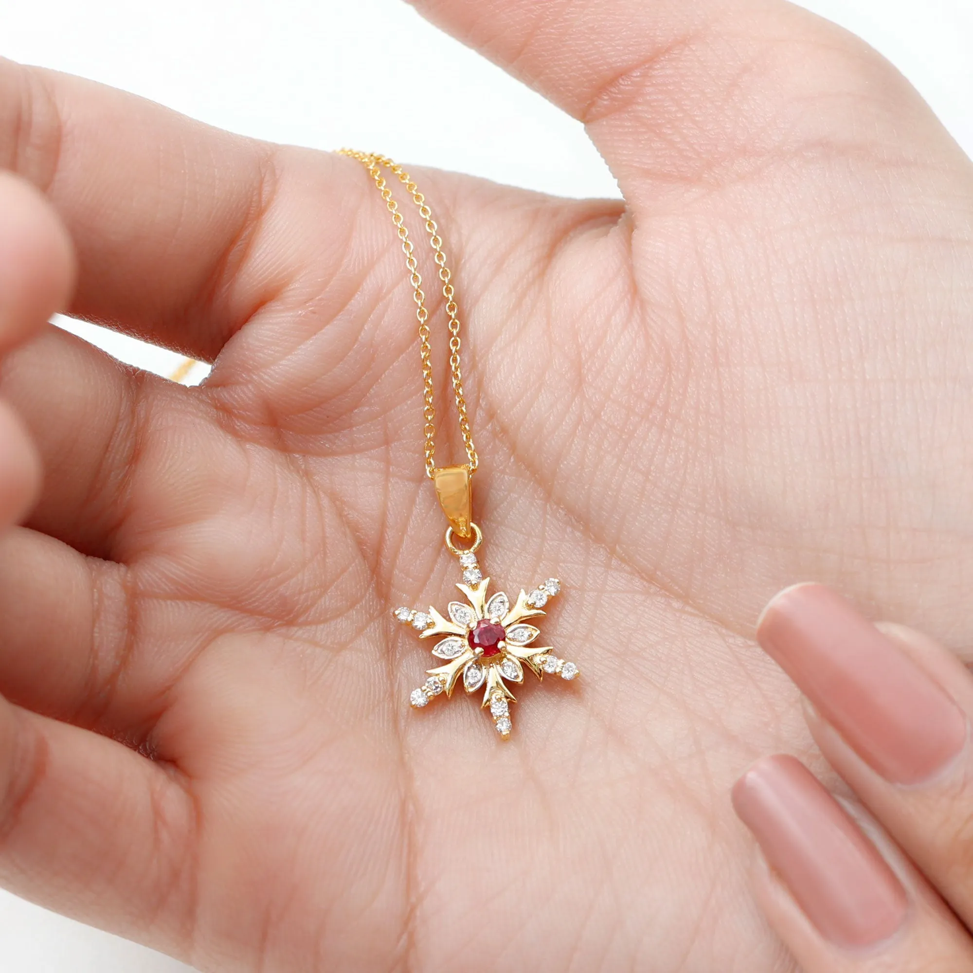Classic Ruby and Diamond Snowflake Pendant Necklace