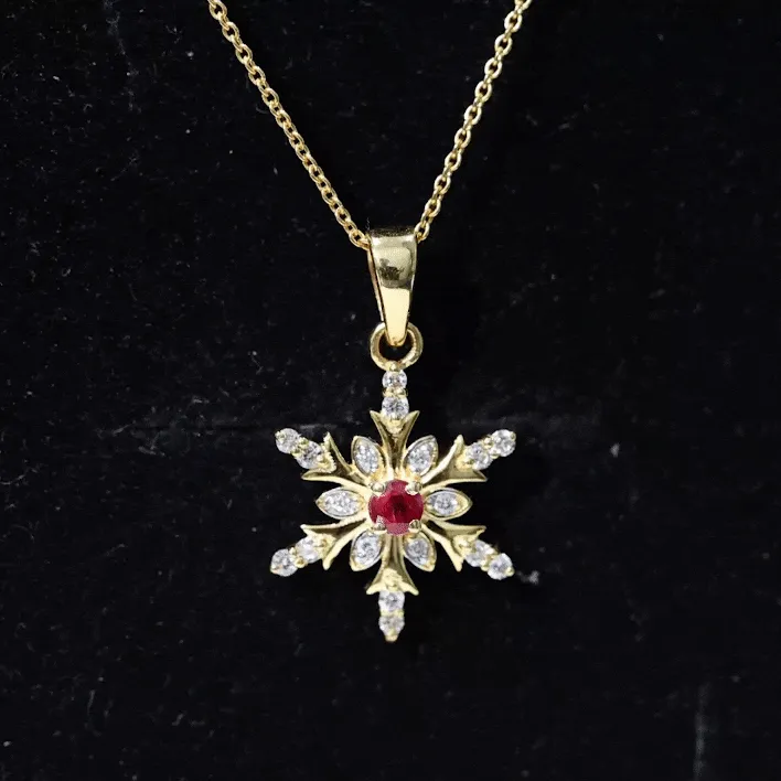 Classic Ruby and Diamond Snowflake Pendant Necklace