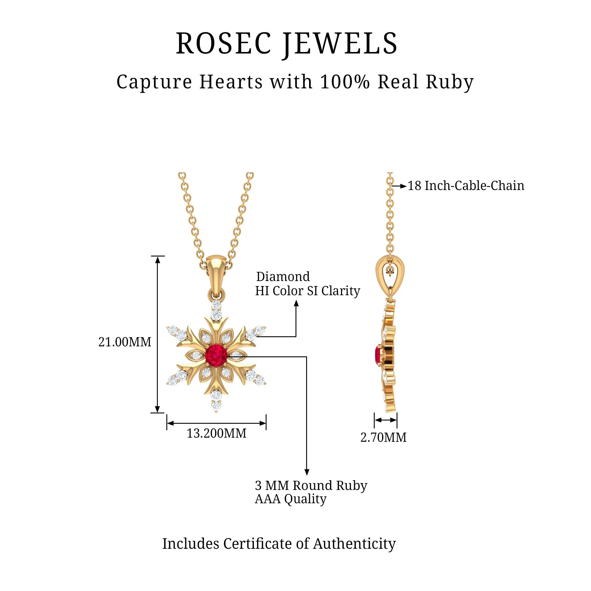 Classic Ruby and Diamond Snowflake Pendant Necklace