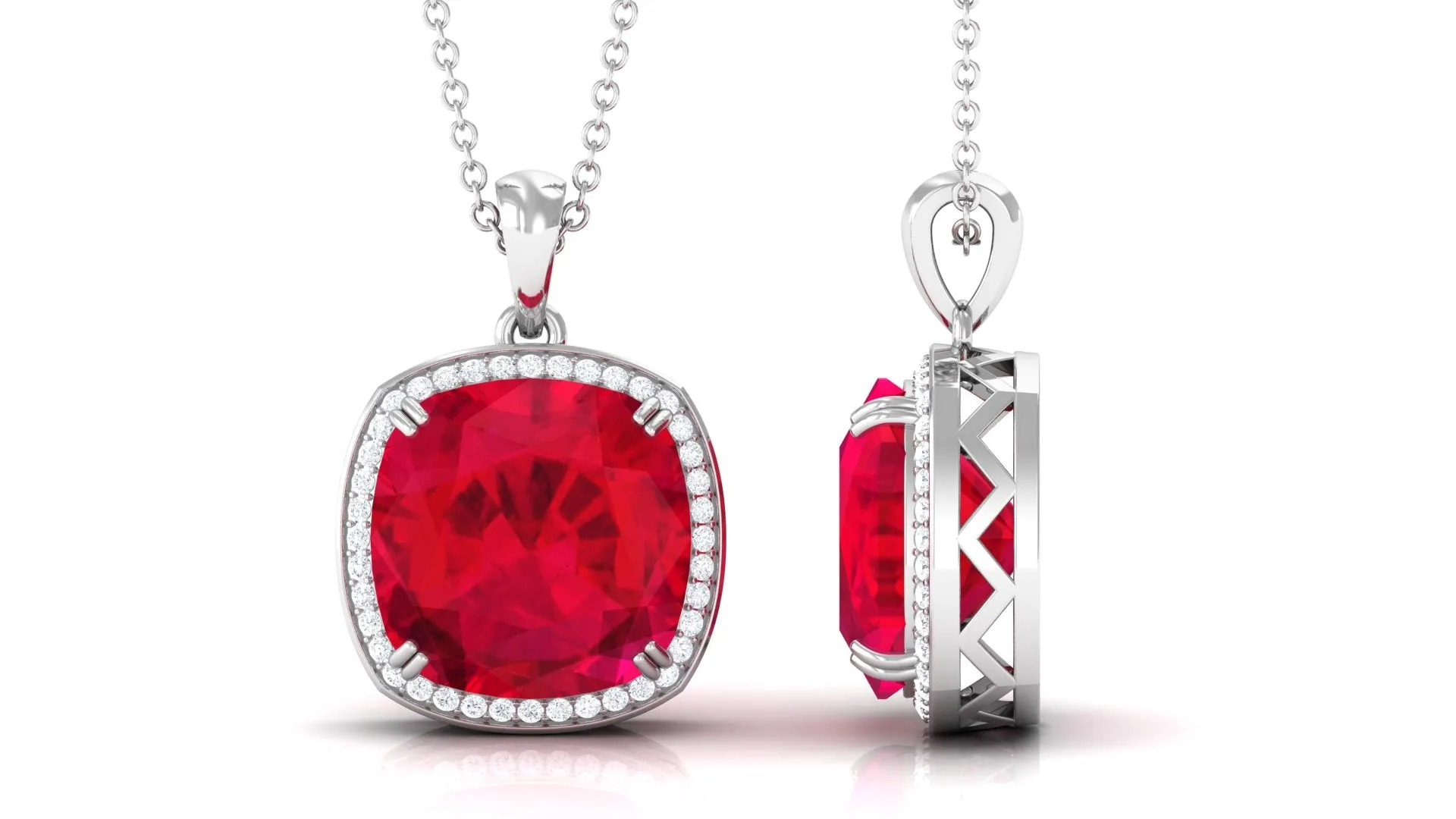 Cushion Cut Created Ruby Halo Pendant Necklace