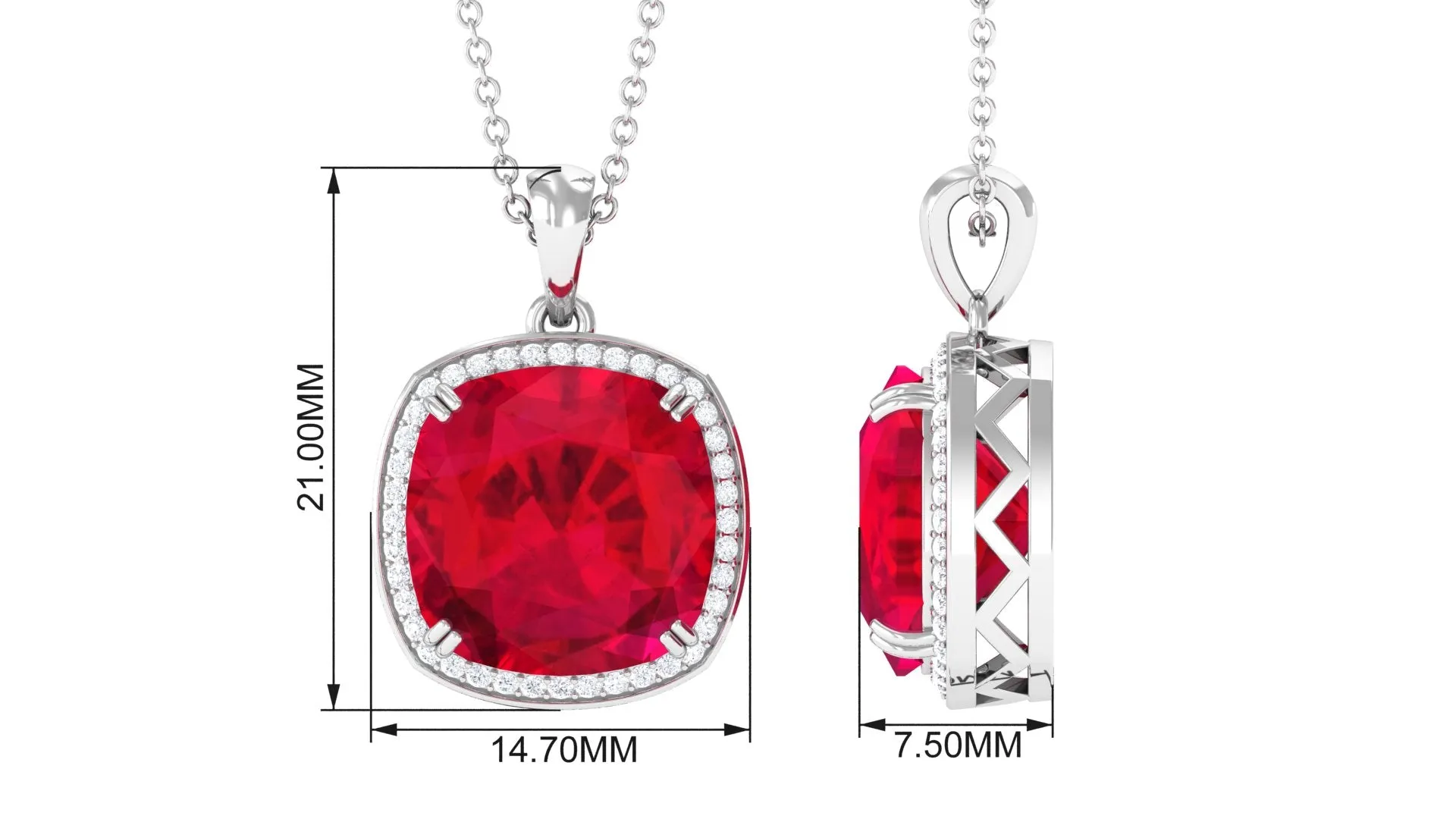 Cushion Cut Created Ruby Halo Pendant Necklace