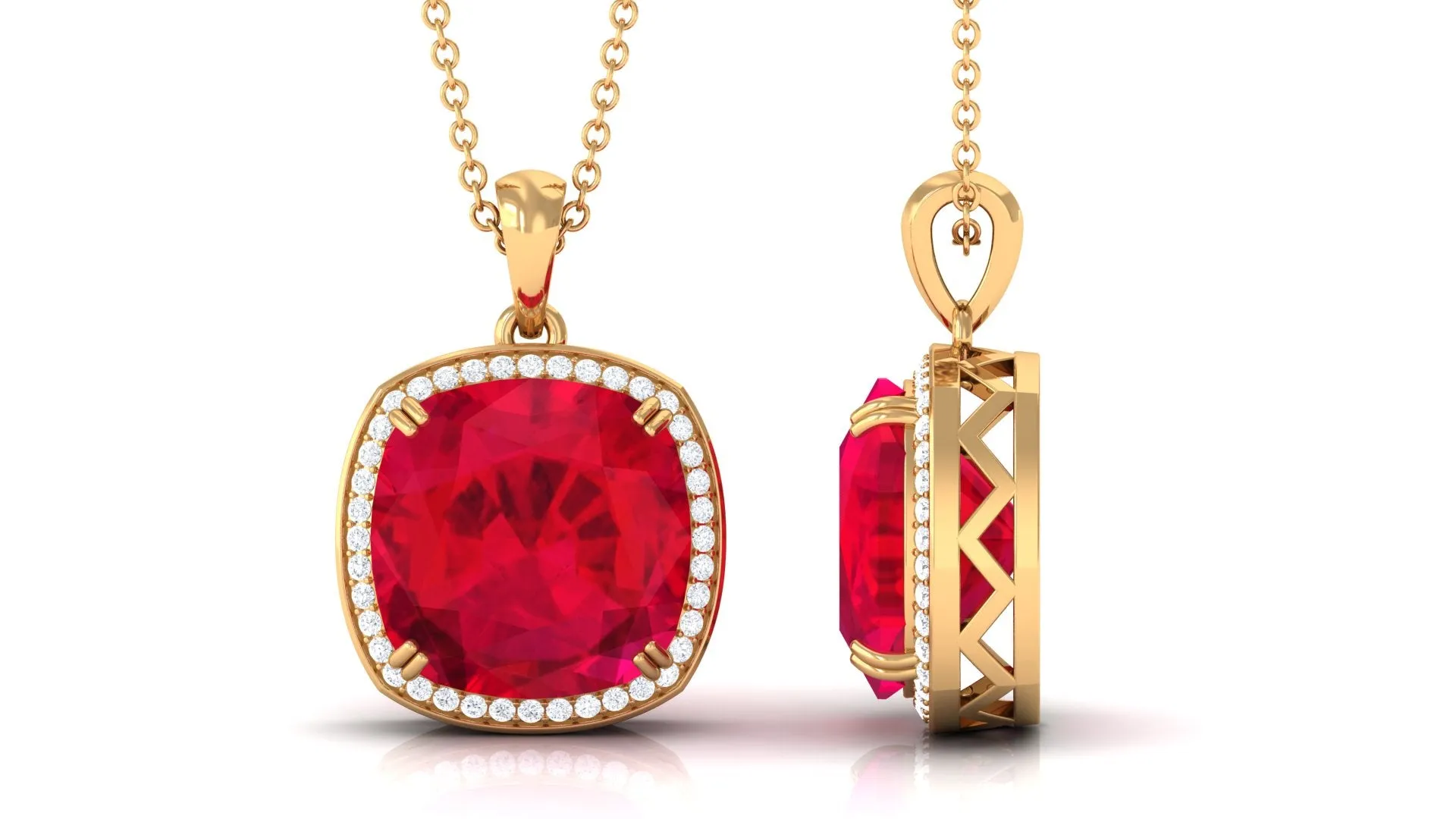 Cushion Cut Created Ruby Halo Pendant Necklace