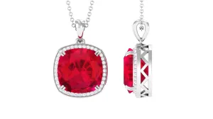 Cushion Cut Created Ruby Halo Pendant Necklace