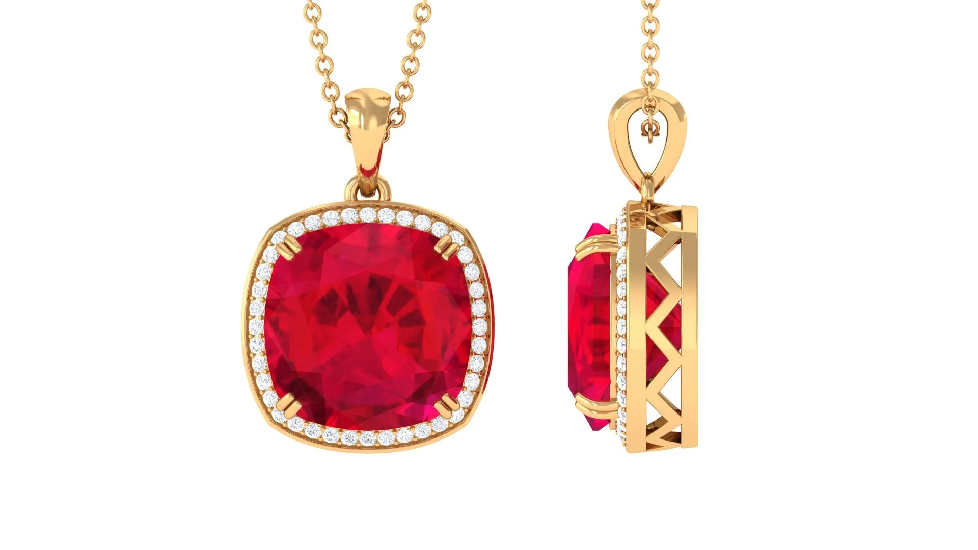 Cushion Cut Created Ruby Halo Pendant Necklace