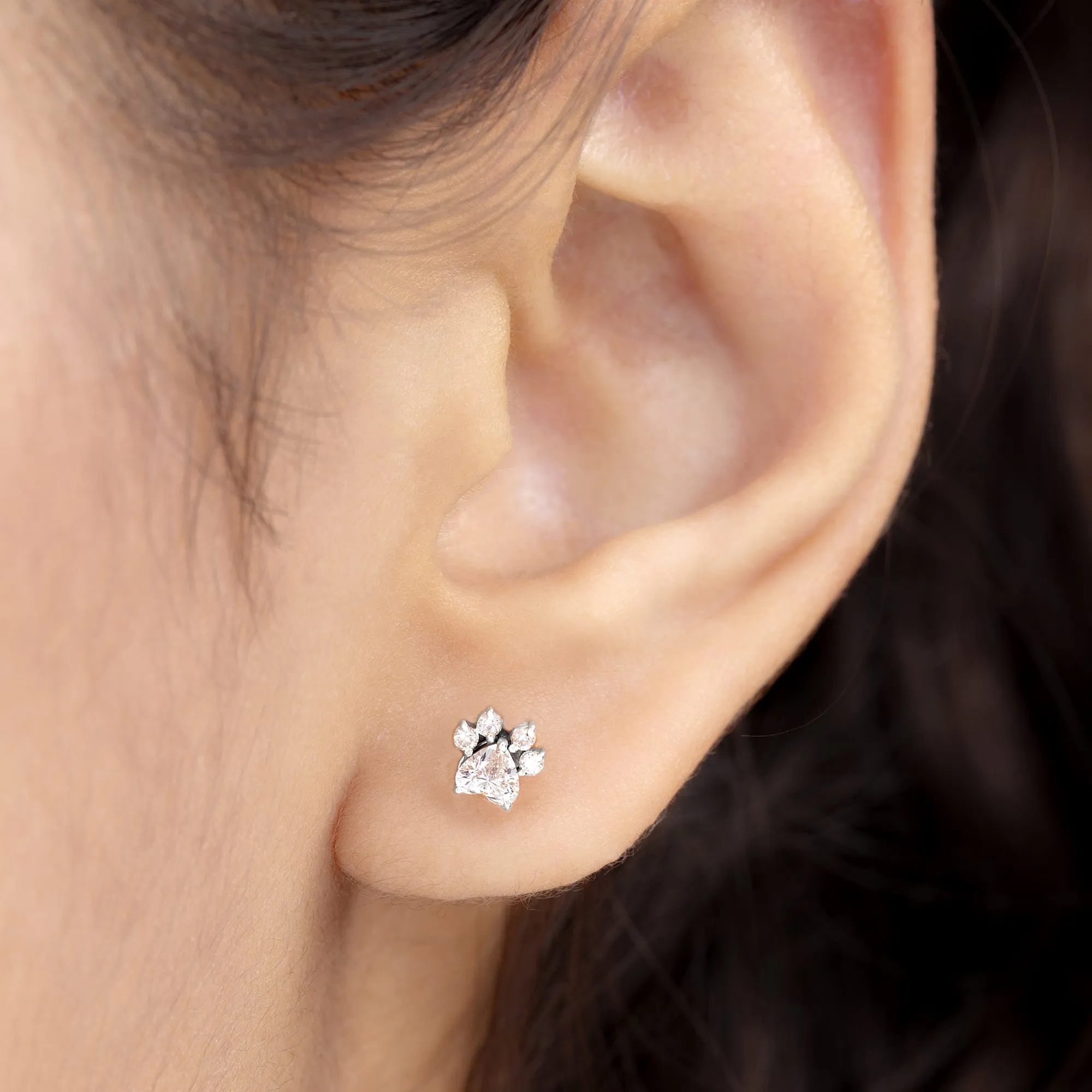 Cute Heart Paw Stud Earrings with Real Diamond