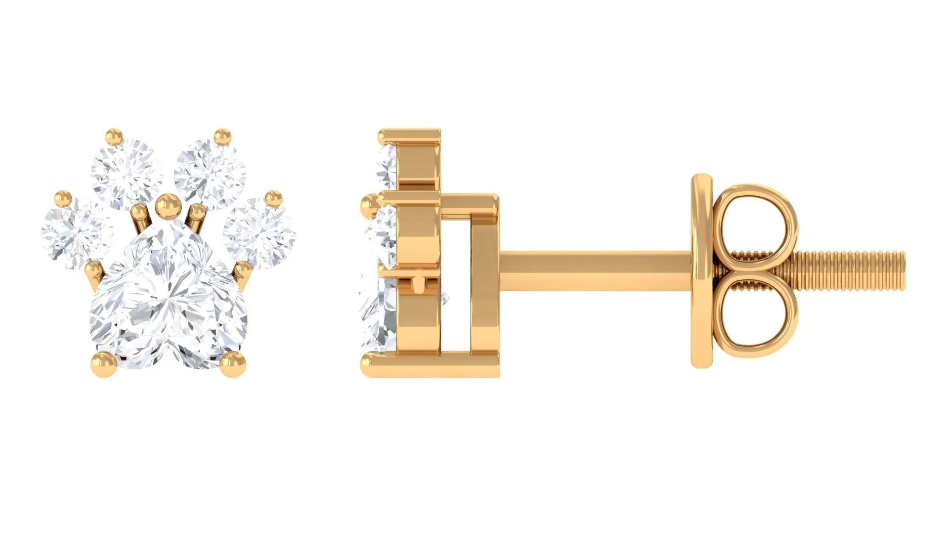 Cute Heart Paw Stud Earrings with Real Diamond