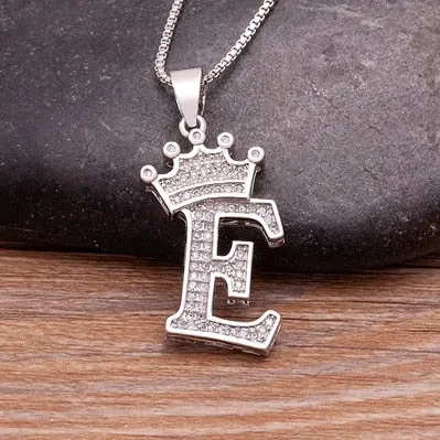 Fashion Crown Initials Necklace with Initial A-Z Zirconia in Silver Color