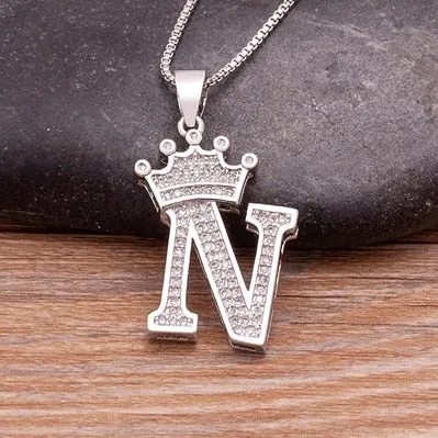 Fashion Crown Initials Necklace with Initial A-Z Zirconia in Silver Color