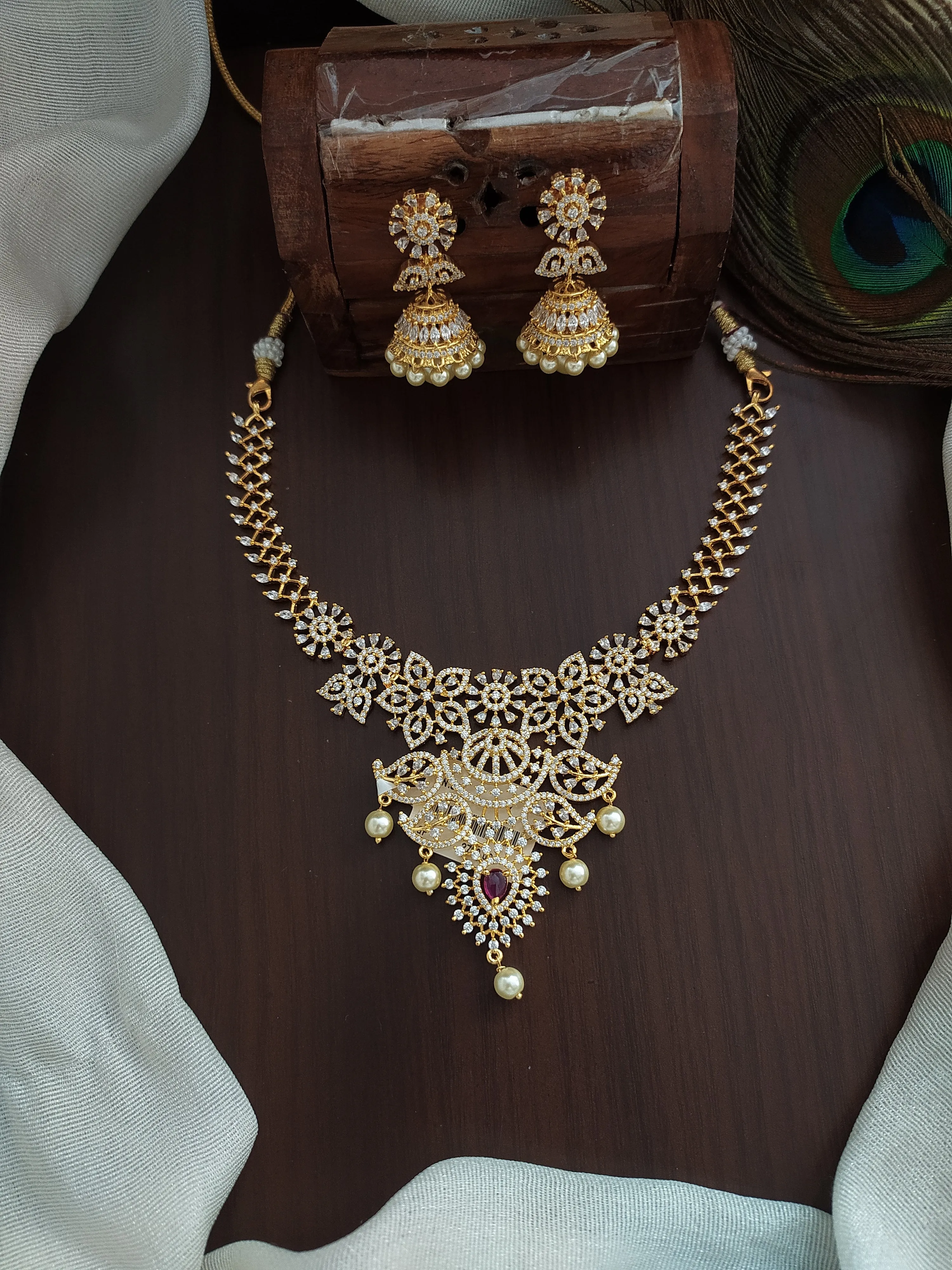 Gold-plated Ad & Zircon Necklace Set With Pearl Drops