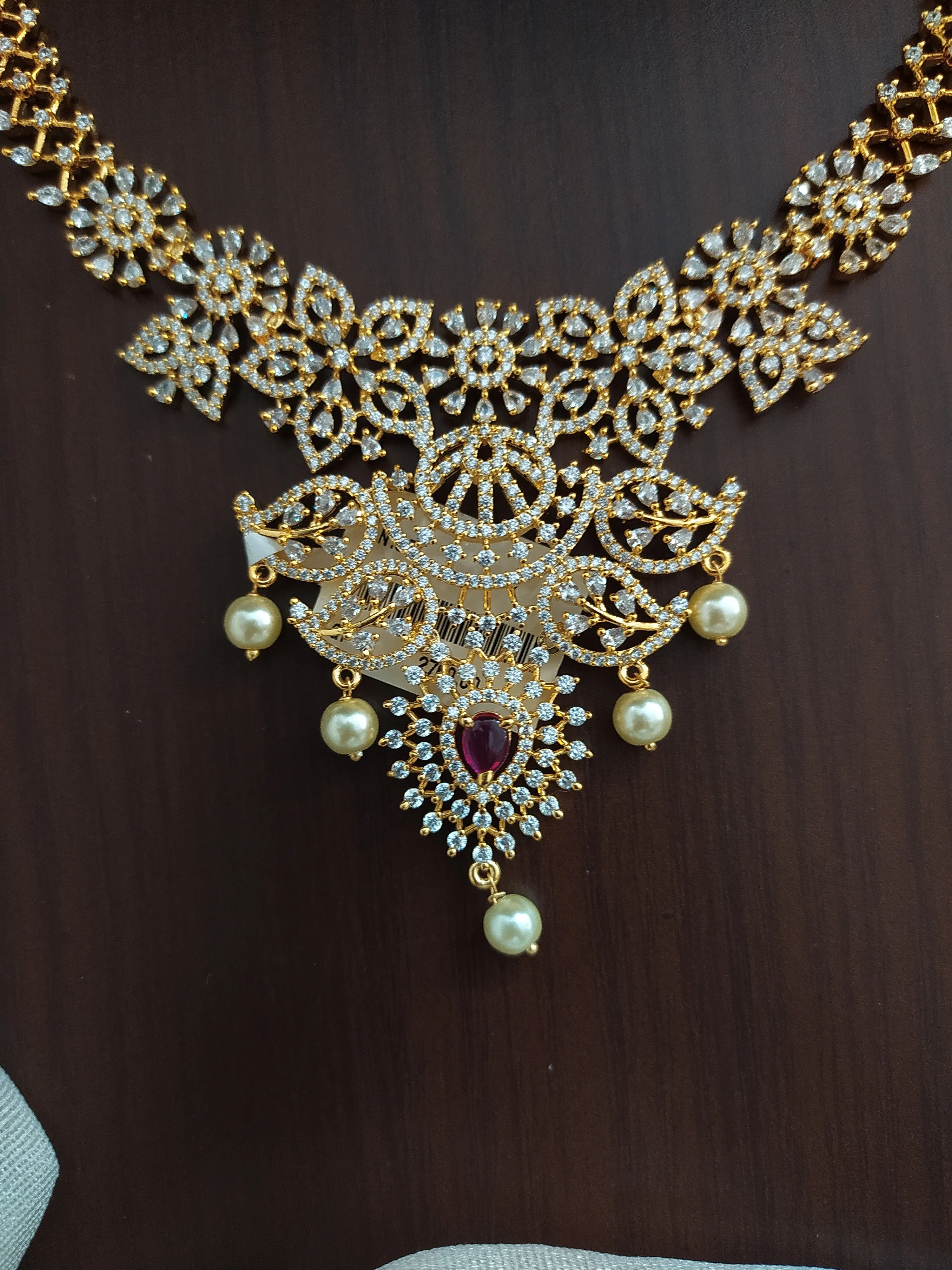 Gold-plated Ad & Zircon Necklace Set With Pearl Drops