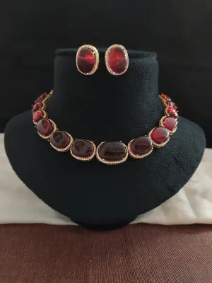 Gold-plated copper alloy zircon stone necklace in Ruby, Blue & Pink