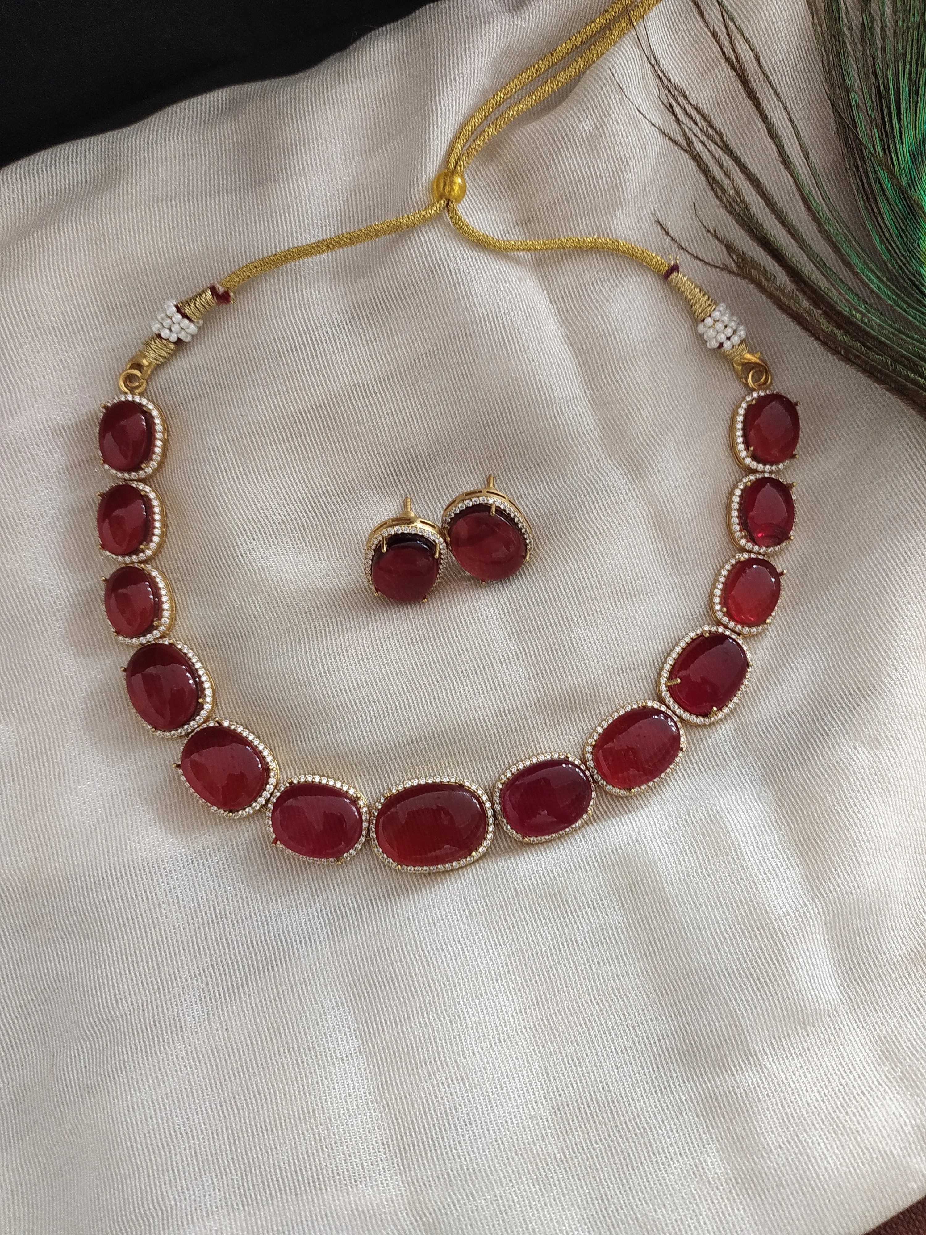 Gold-plated copper alloy zircon stone necklace in Ruby, Blue & Pink