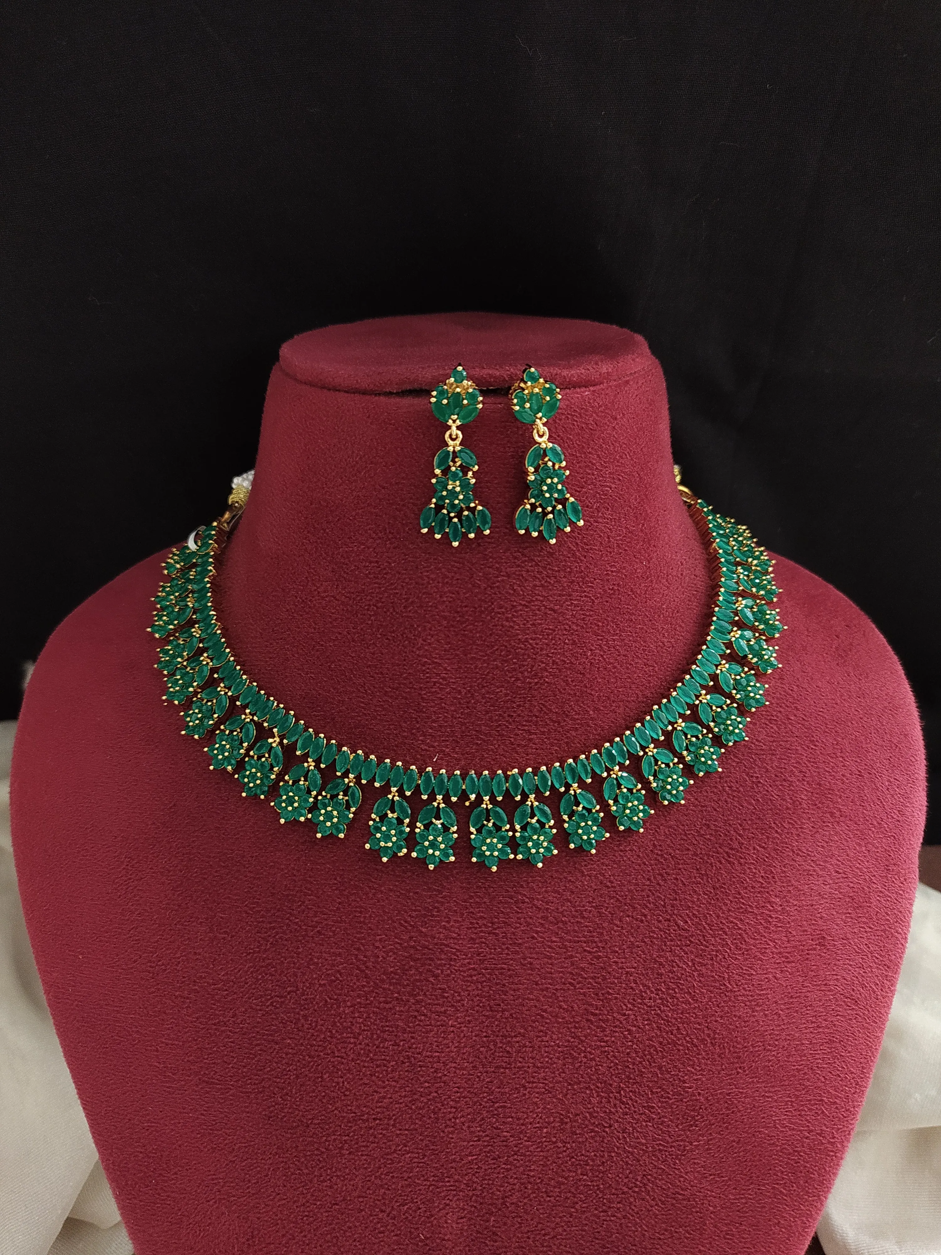 Gold-Plated Zircon Necklace Sets with Earrings - Available in Emerald, Sapphire, and Ruby