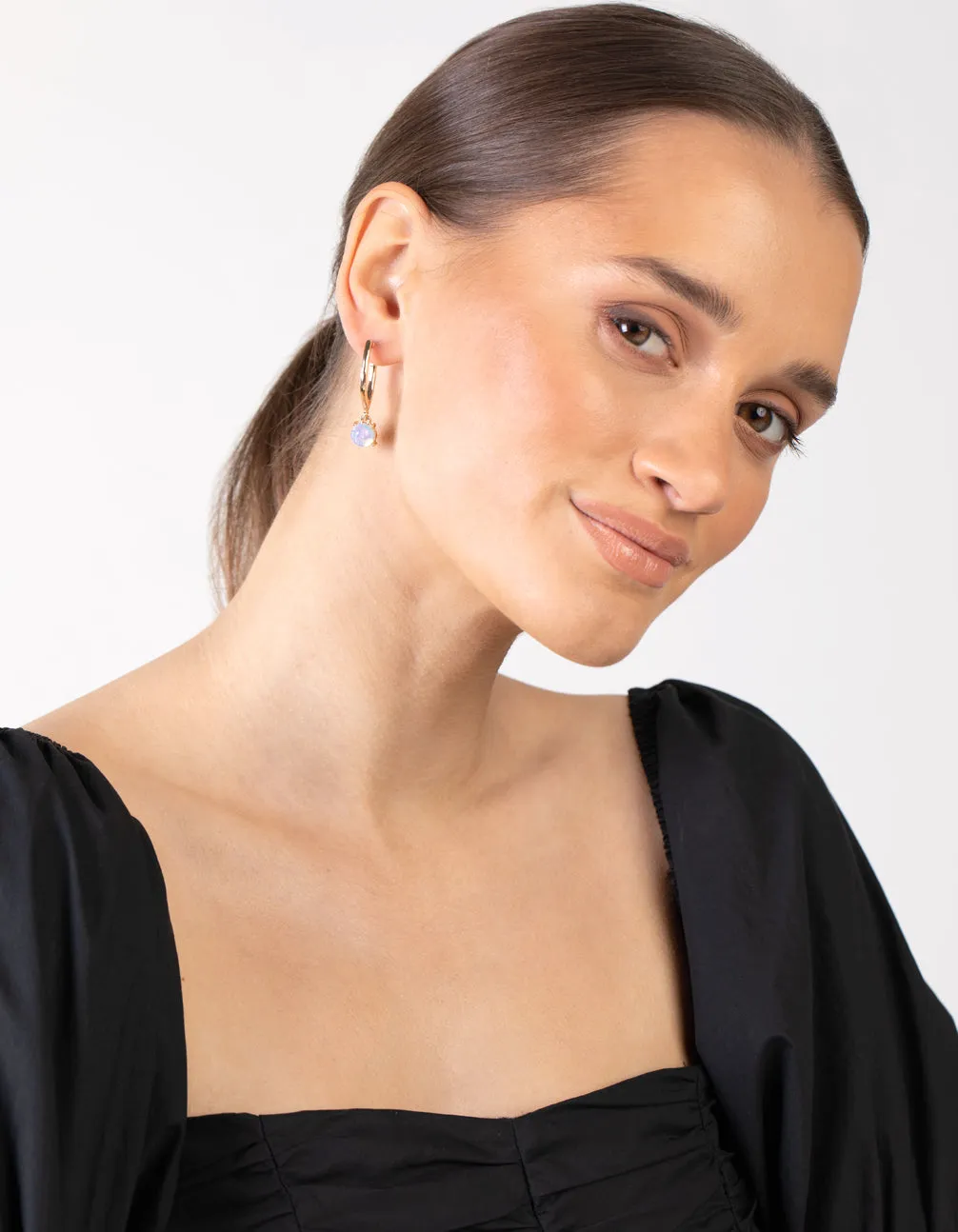 Gold Reflective Moonstone Hoop Drop Earrings