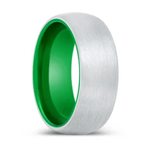 GOVERNOR| Green Ring, White Tungsten Ring, Brushed, Domed