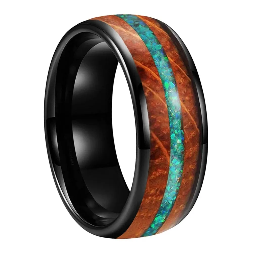 Green Opal & Whiskey Barrel Wood Wedding Ring In Black Tungsten (8mm)
