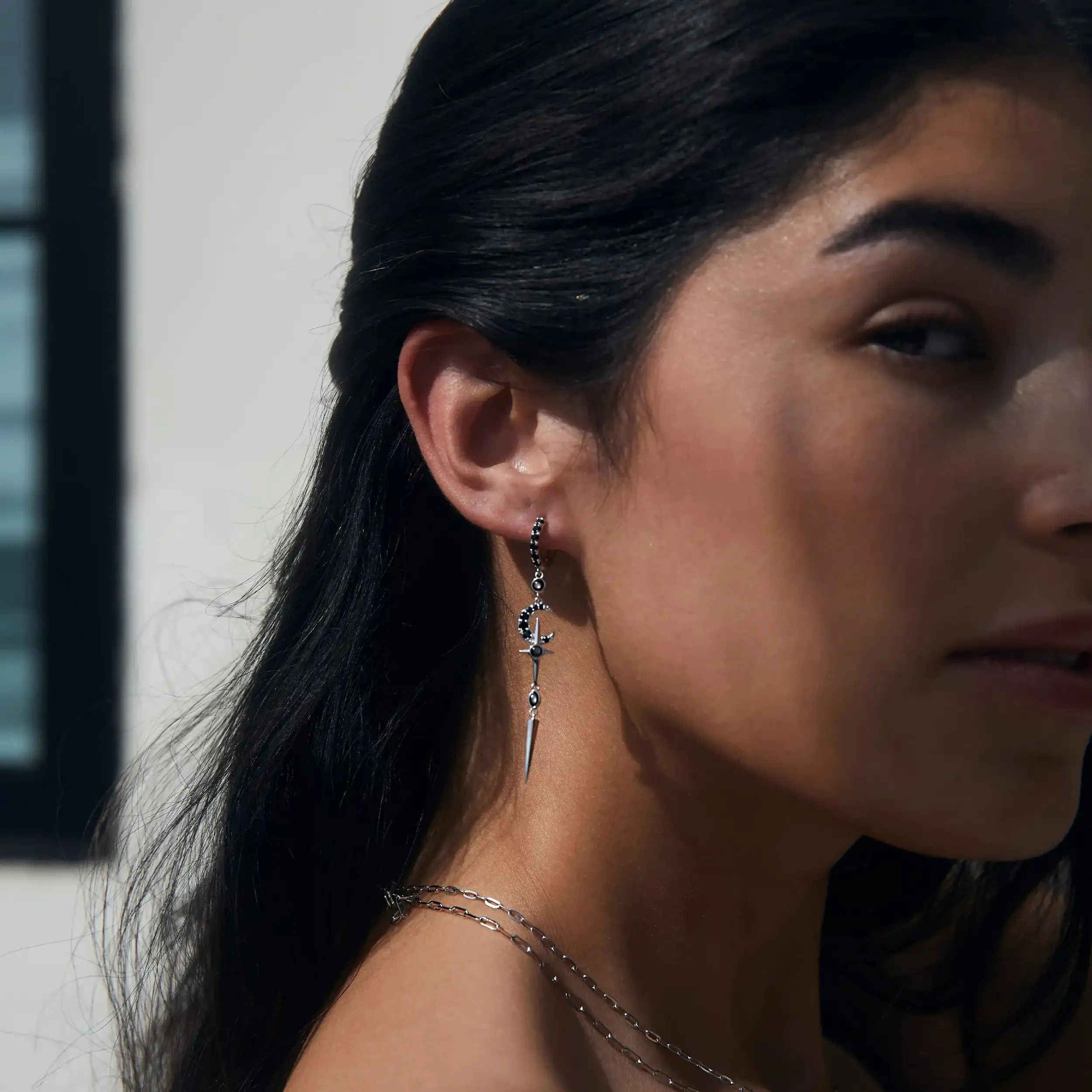 Grey Moonstone Crescent Cross Drop Earring