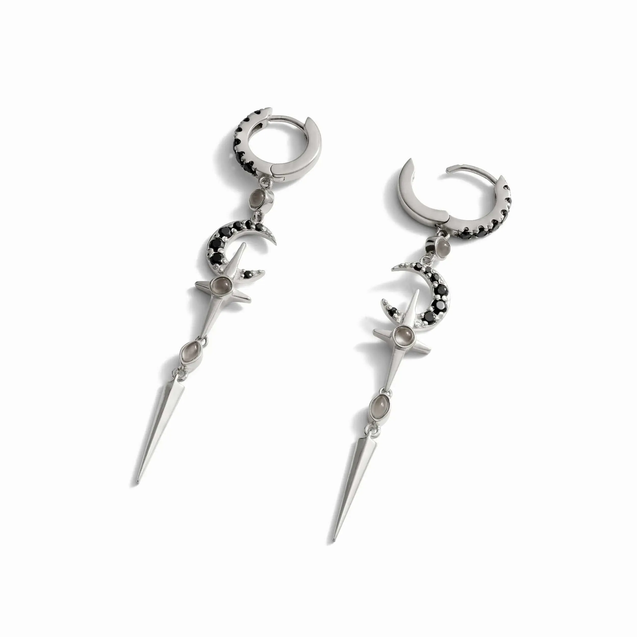 Grey Moonstone Crescent Cross Drop Earring