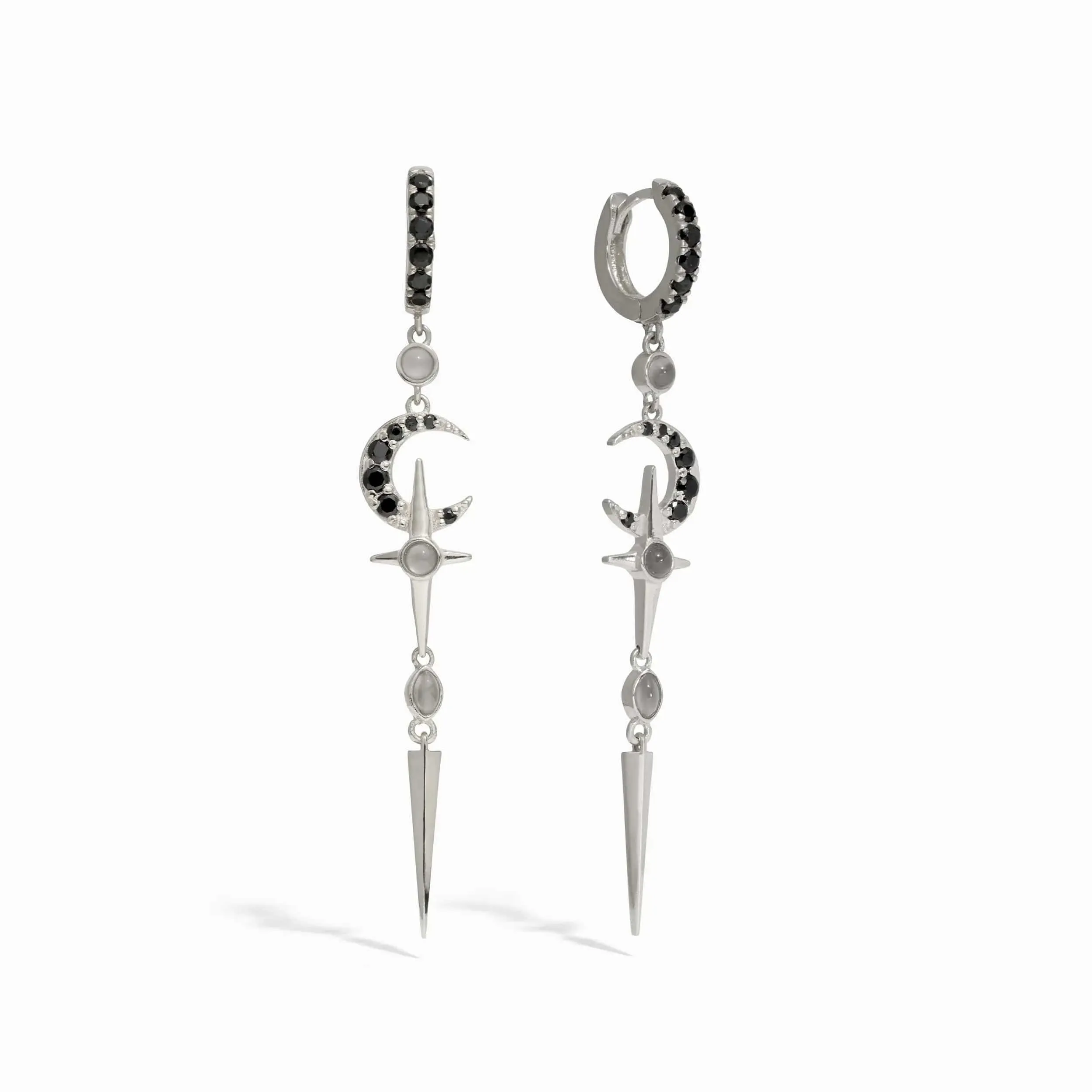 Grey Moonstone Crescent Cross Drop Earring