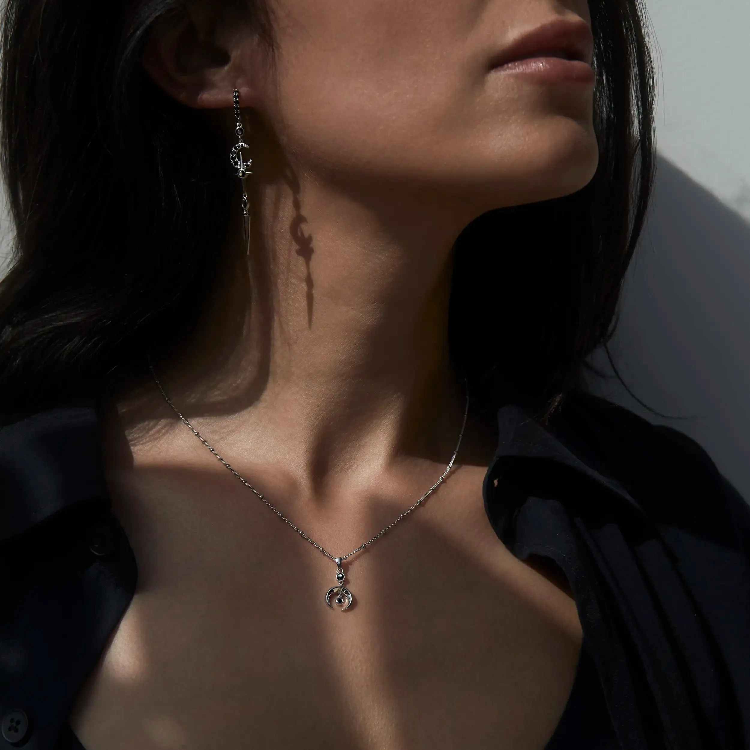 Grey Moonstone Crescent Cross Drop Earring