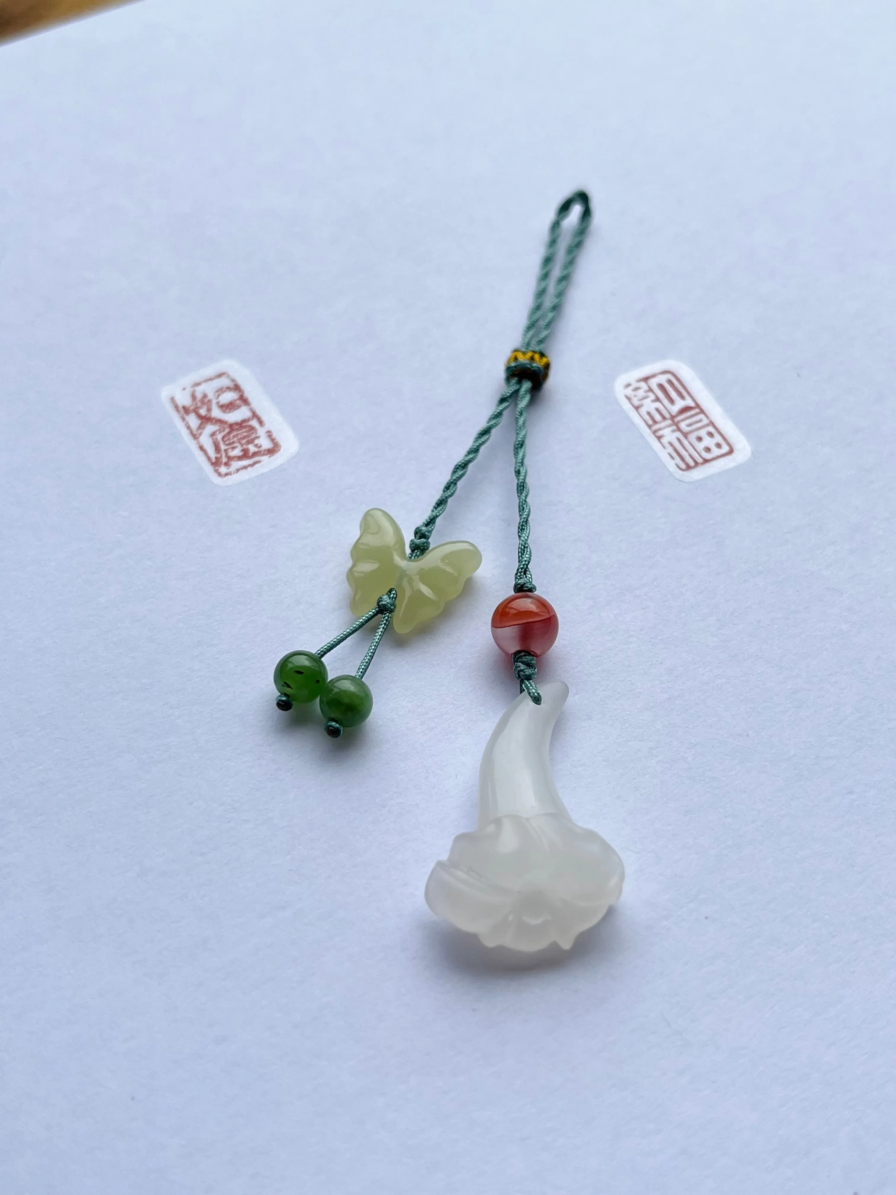 Handmade Phone Charm with a Hand Carved Jade Trumpet Flower and Butterfly