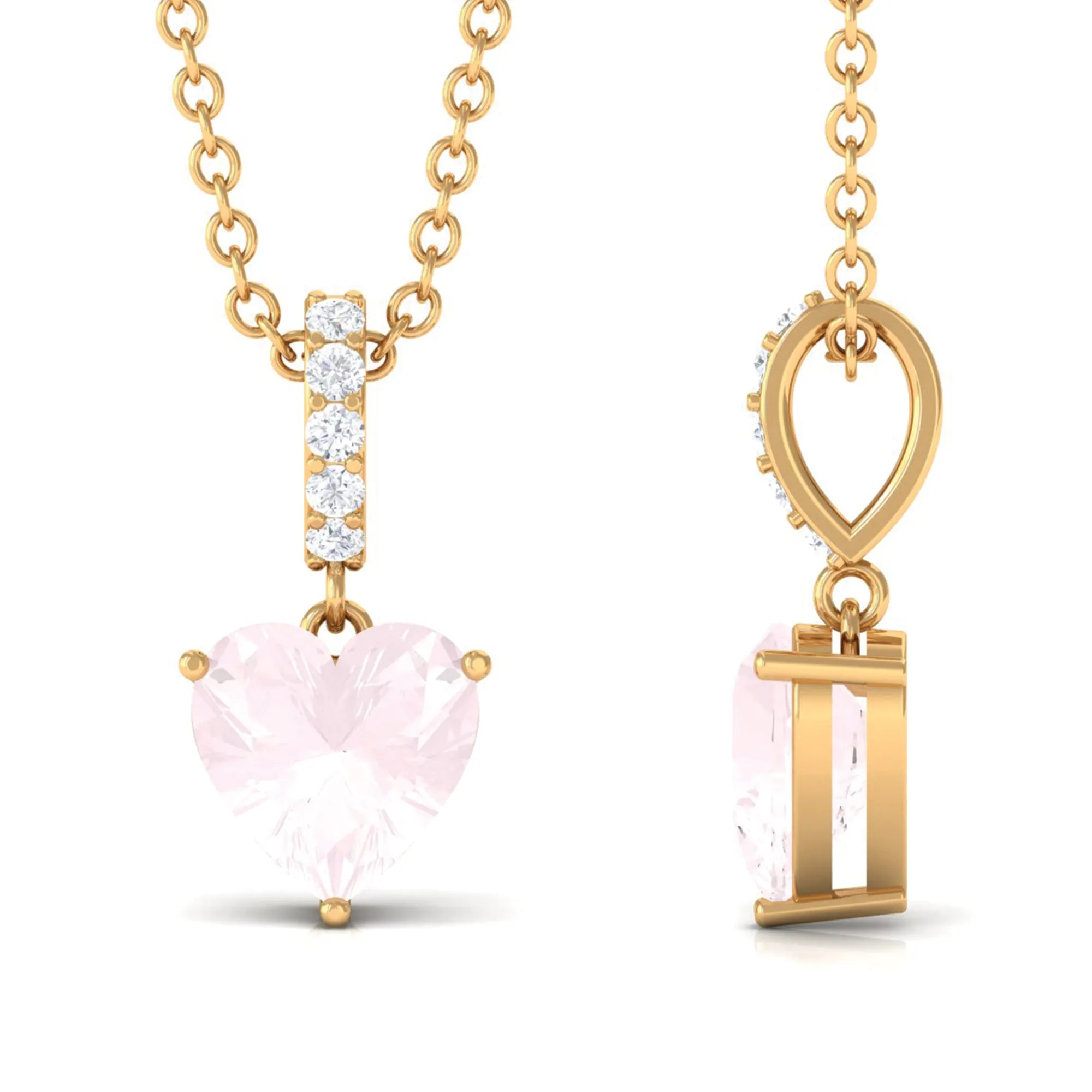 Heart Shape Rose Quartz and Diamond Solitaire Pendant