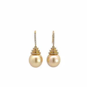 High 18k Yellow Gold Tahitian Pearl Dangle Earrings