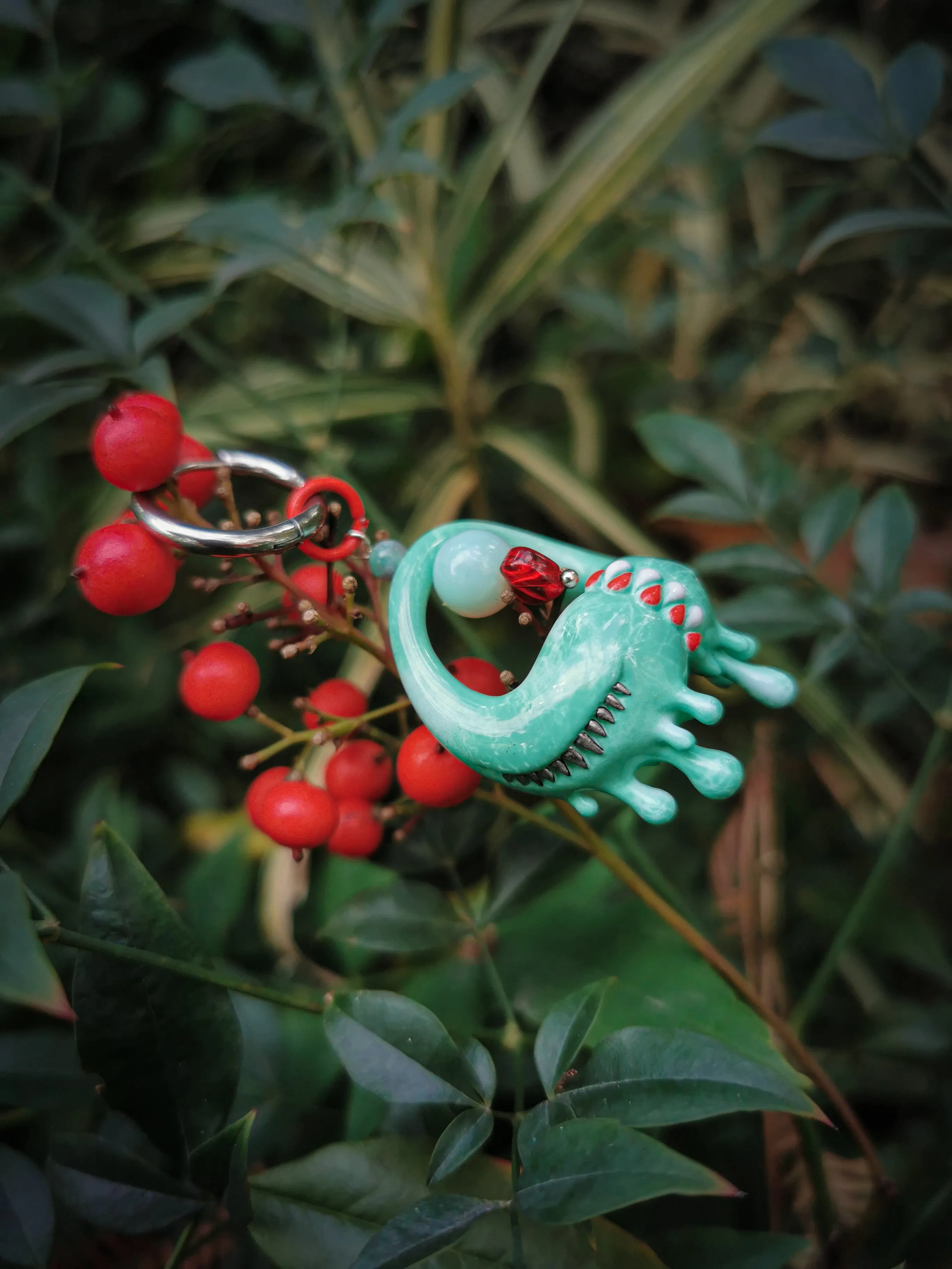 Jade green little lash teeth monster necklace & earring