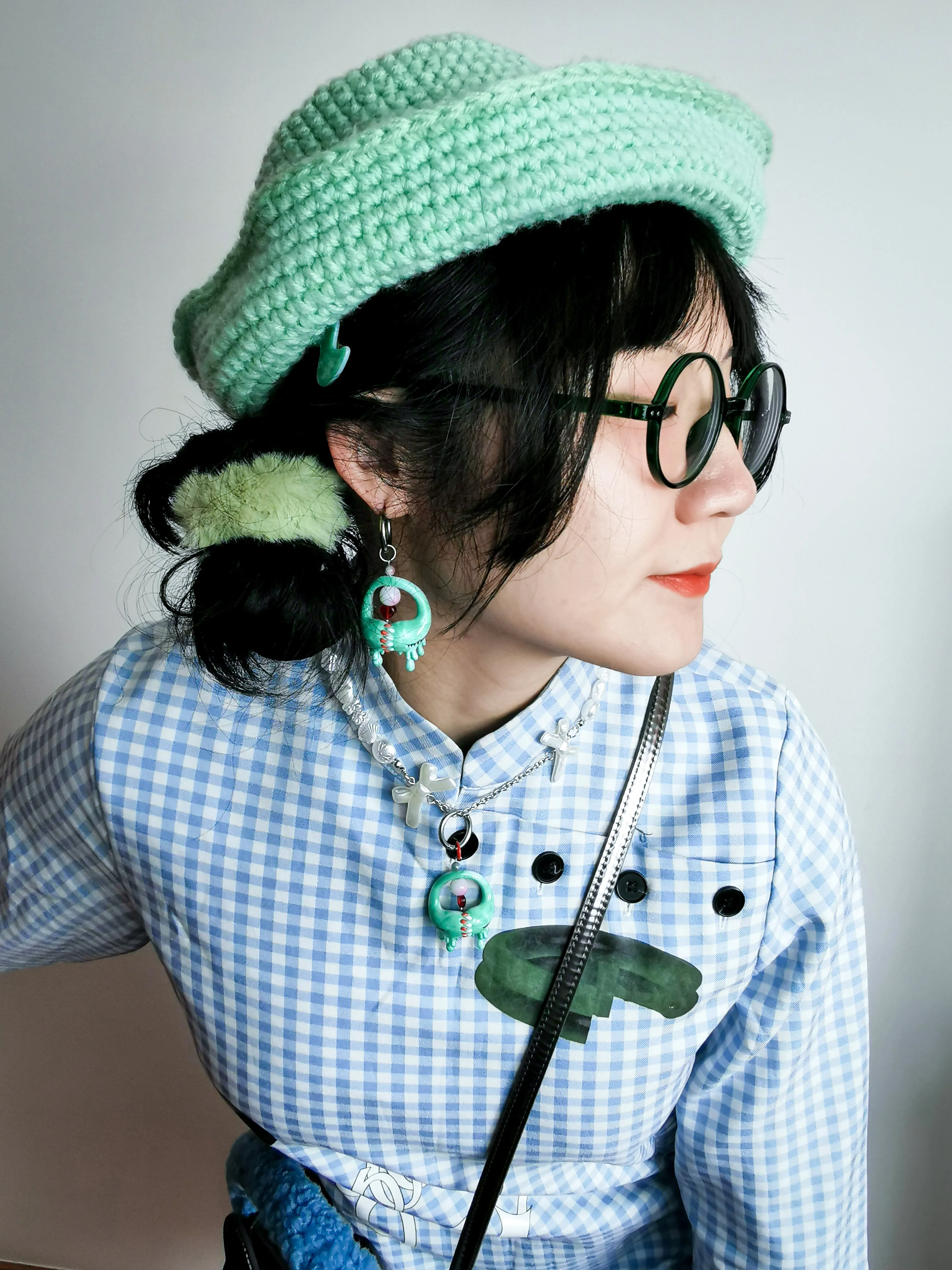 Jade green little lash teeth monster necklace & earring