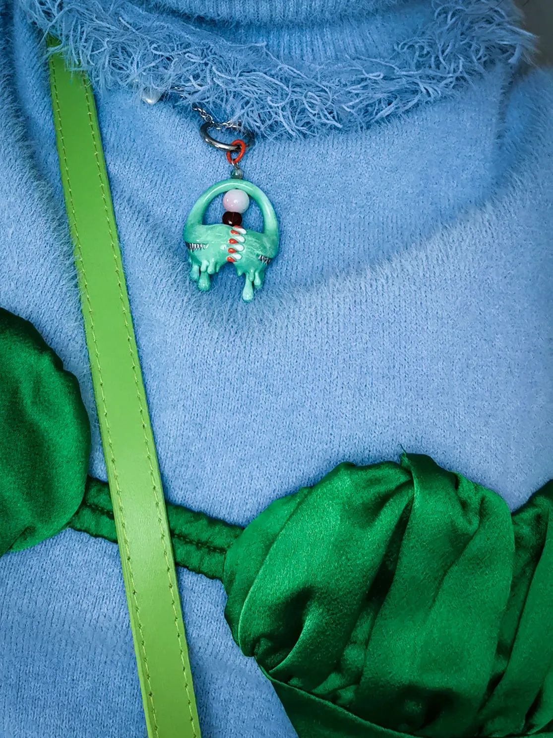 Jade green little lash teeth monster necklace & earring