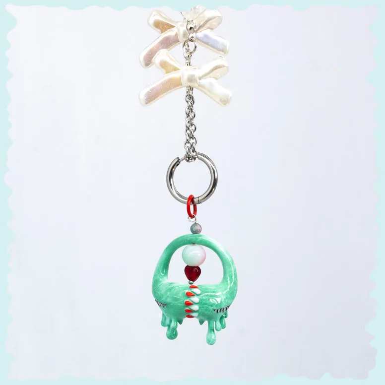 Jade green little lash teeth monster necklace & earring
