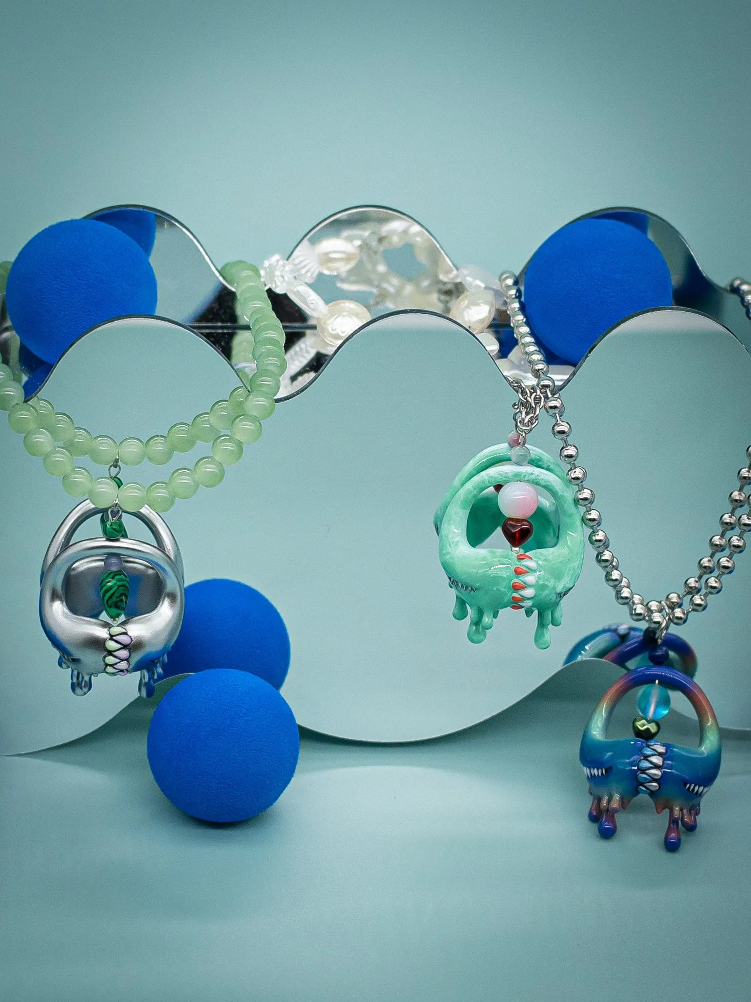 Jade green little lash teeth monster necklace & earring
