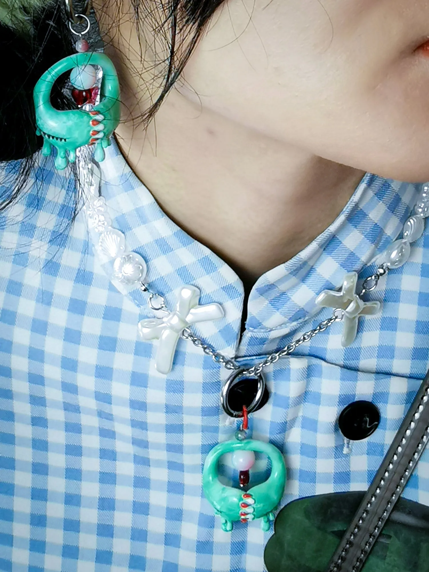 Jade green little lash teeth monster necklace & earring