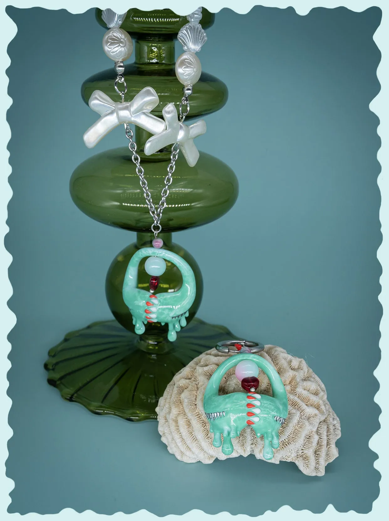 Jade green little lash teeth monster necklace & earring