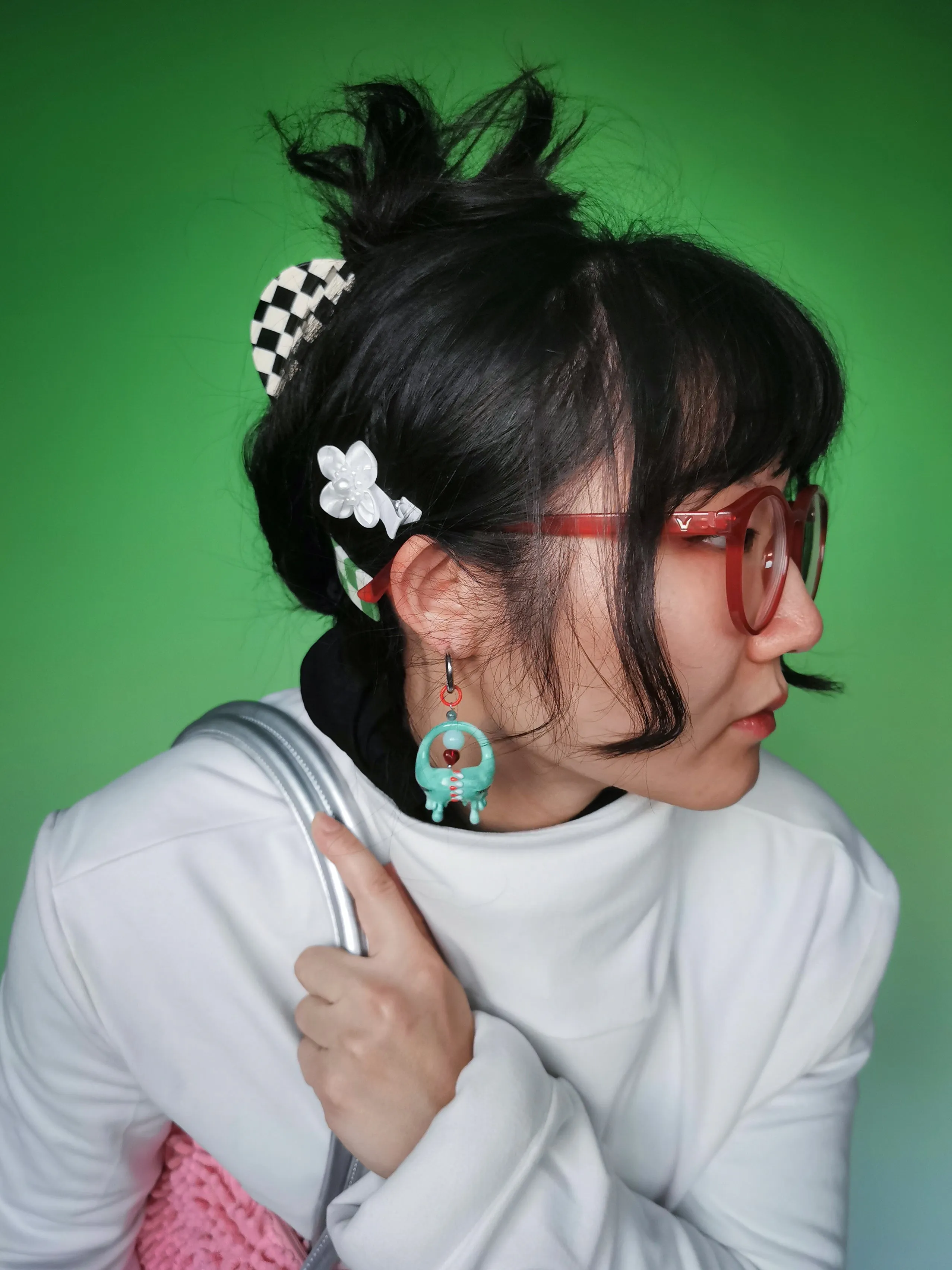 Jade green little lash teeth monster necklace & earring