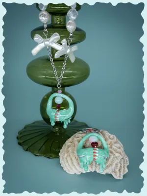 Jade green little lash teeth monster necklace & earring