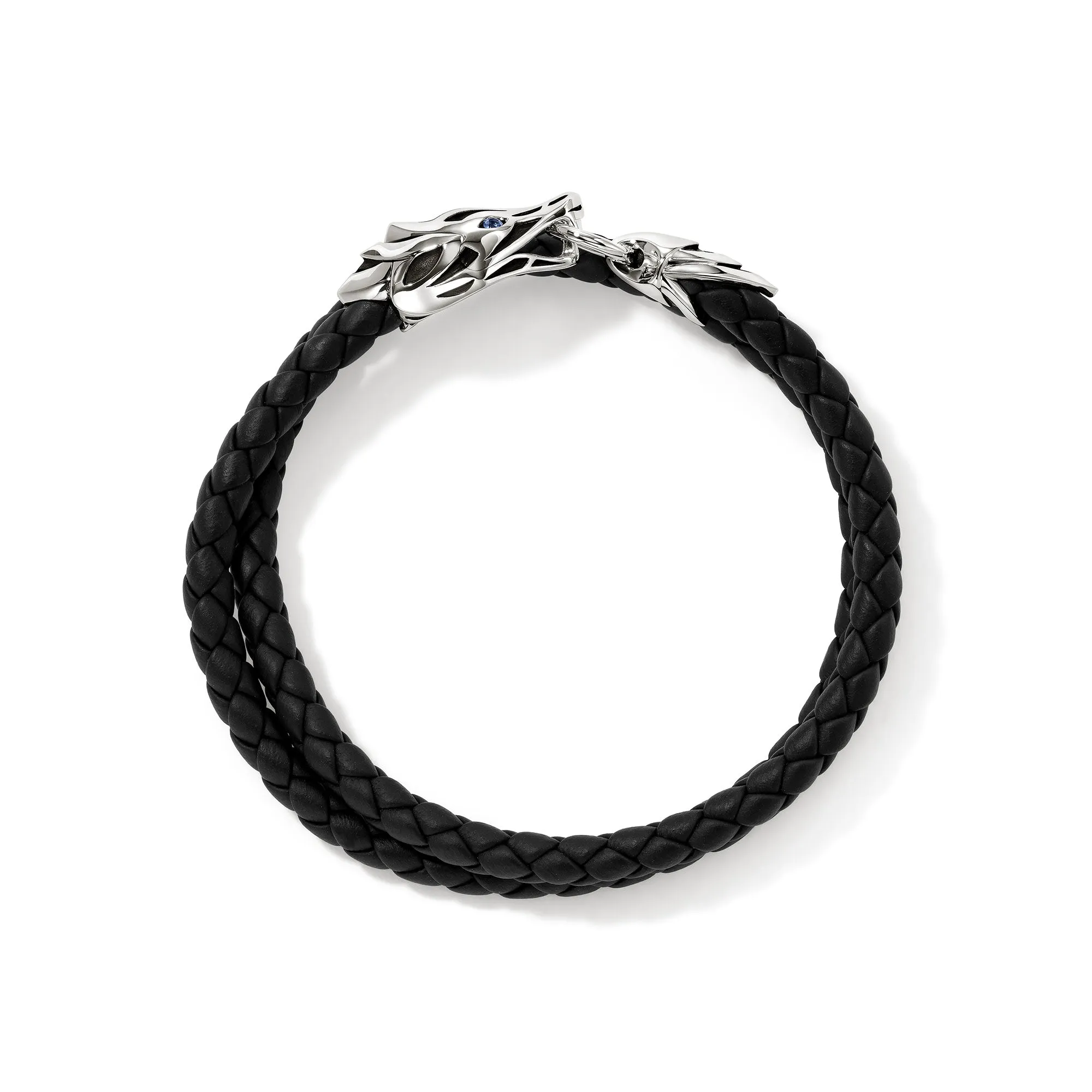 JOHN HARDY LARGE STERLING SILVER SAPPHIRE EYE BRAIDED BLACK LEATHER DOUBLE WRAP BRACELET