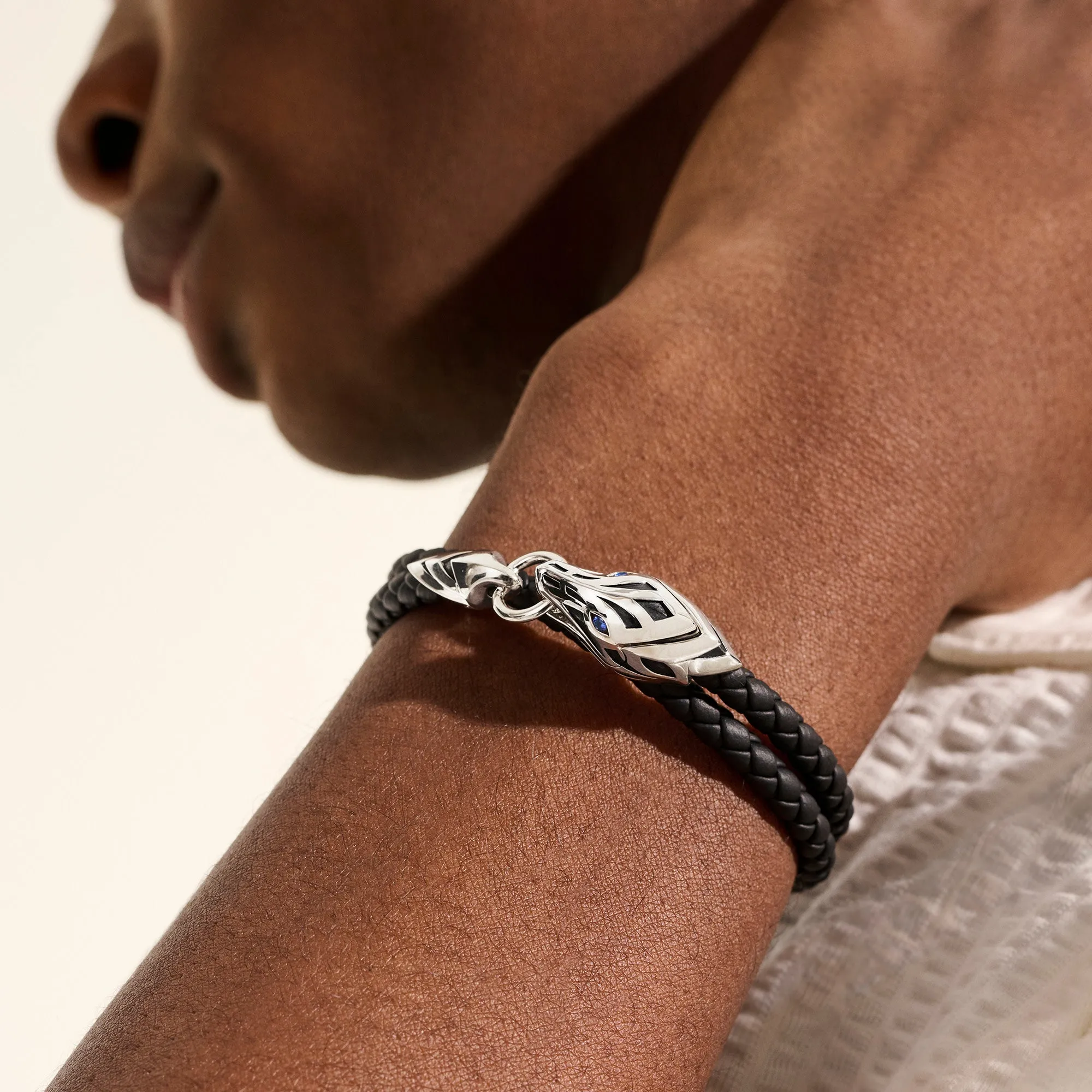 JOHN HARDY LARGE STERLING SILVER SAPPHIRE EYE BRAIDED BLACK LEATHER DOUBLE WRAP BRACELET