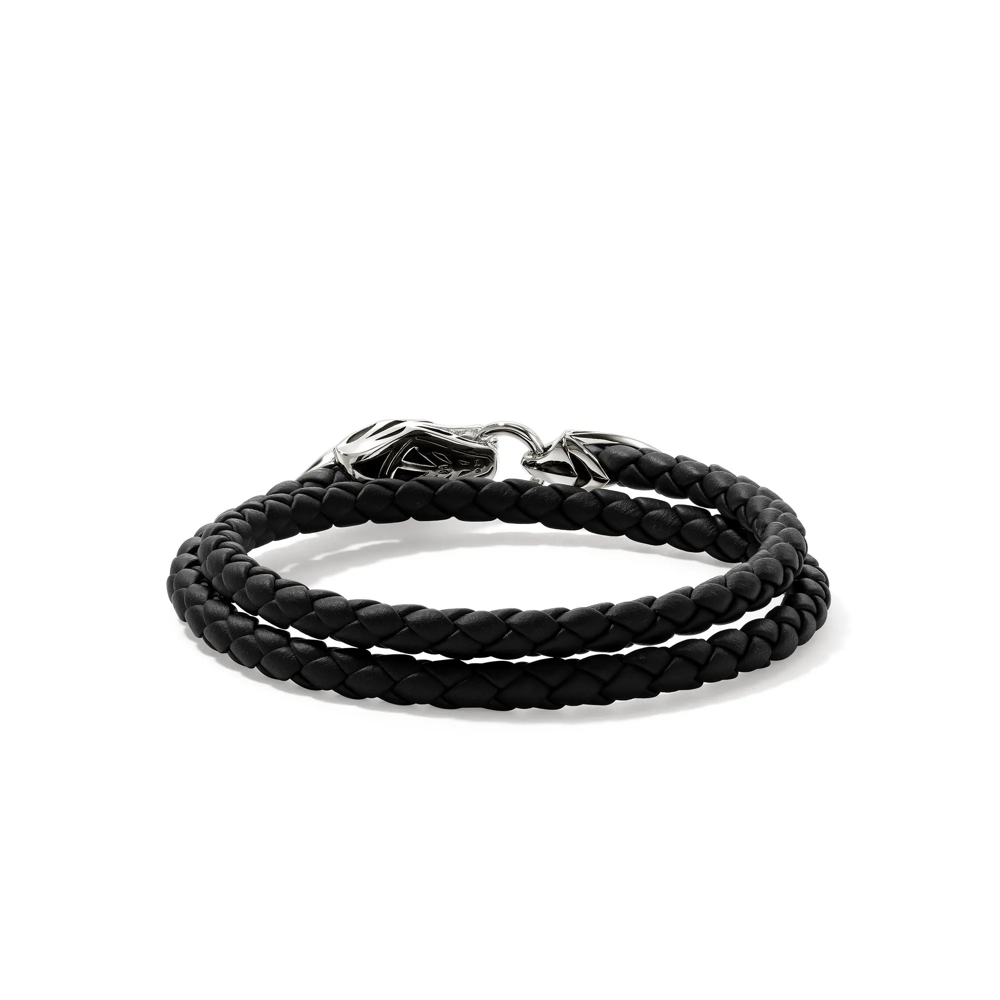 JOHN HARDY LARGE STERLING SILVER SAPPHIRE EYE BRAIDED BLACK LEATHER DOUBLE WRAP BRACELET