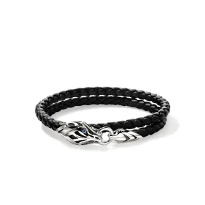 JOHN HARDY LARGE STERLING SILVER SAPPHIRE EYE BRAIDED BLACK LEATHER DOUBLE WRAP BRACELET