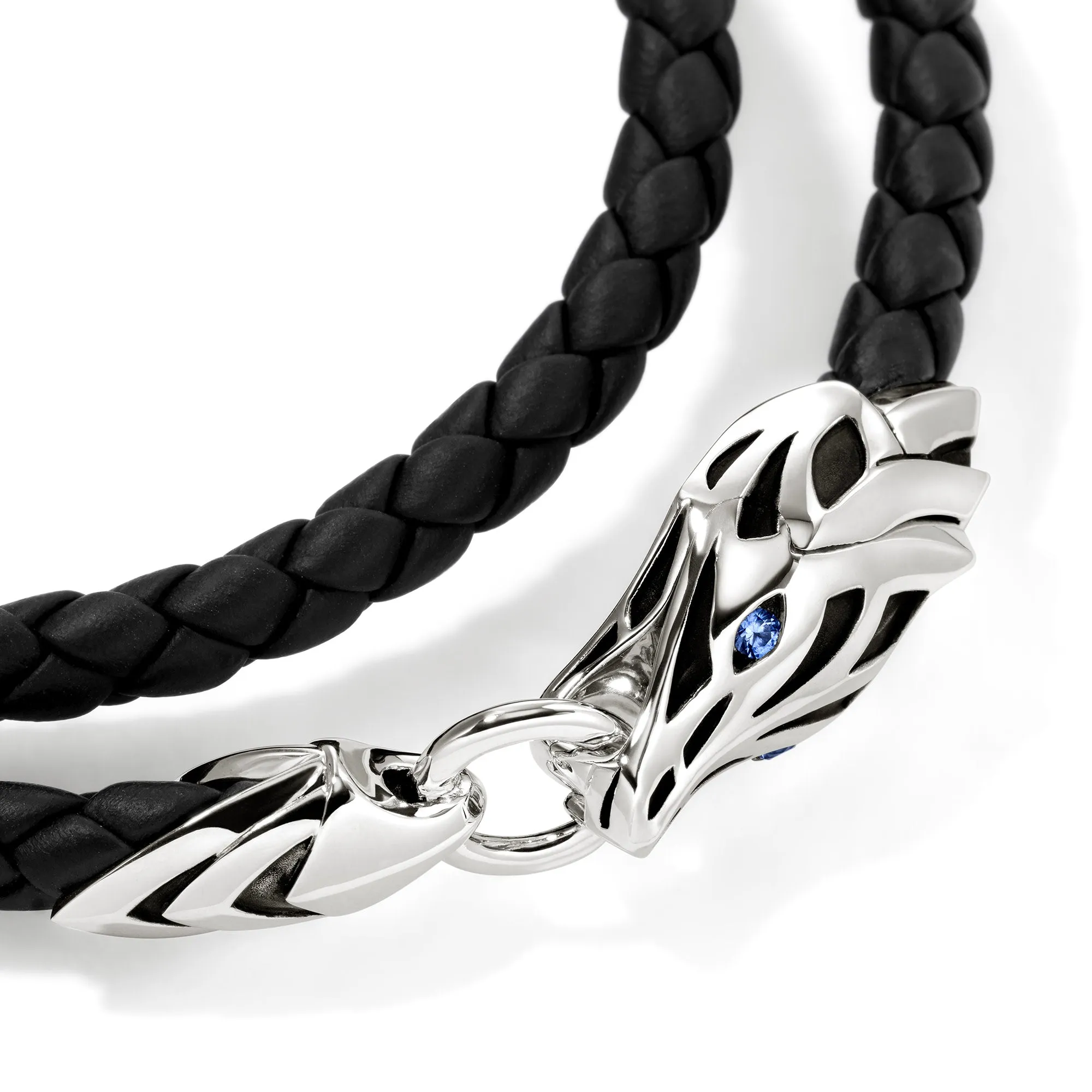 JOHN HARDY LARGE STERLING SILVER SAPPHIRE EYE BRAIDED BLACK LEATHER DOUBLE WRAP BRACELET