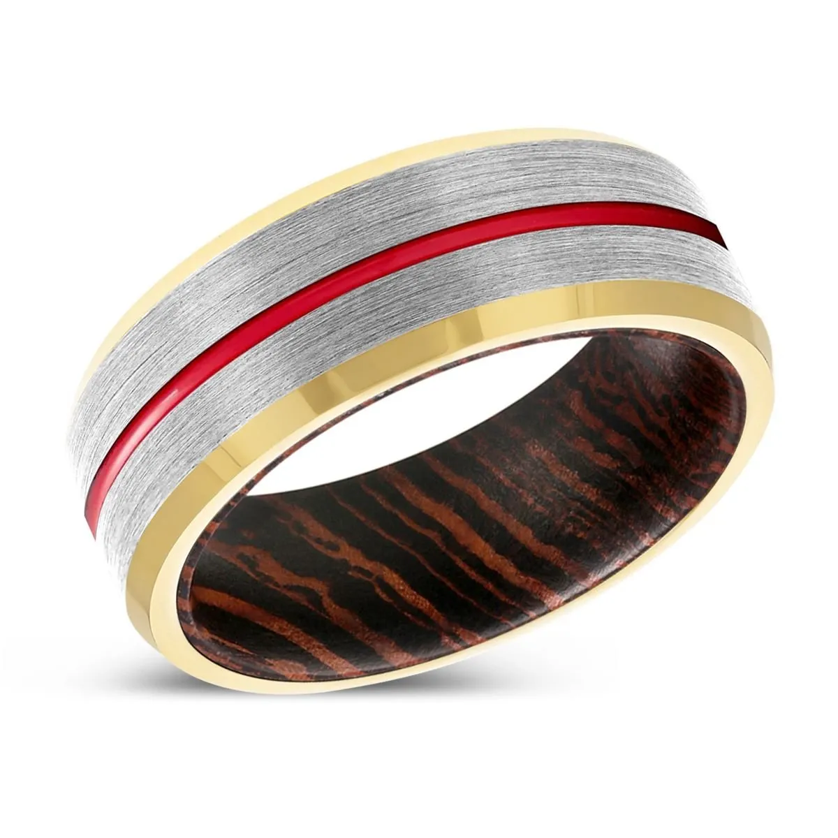 JUKE | Wenge Wood, Silver Tungsten Ring, Red Groove, Gold Beveled Edge