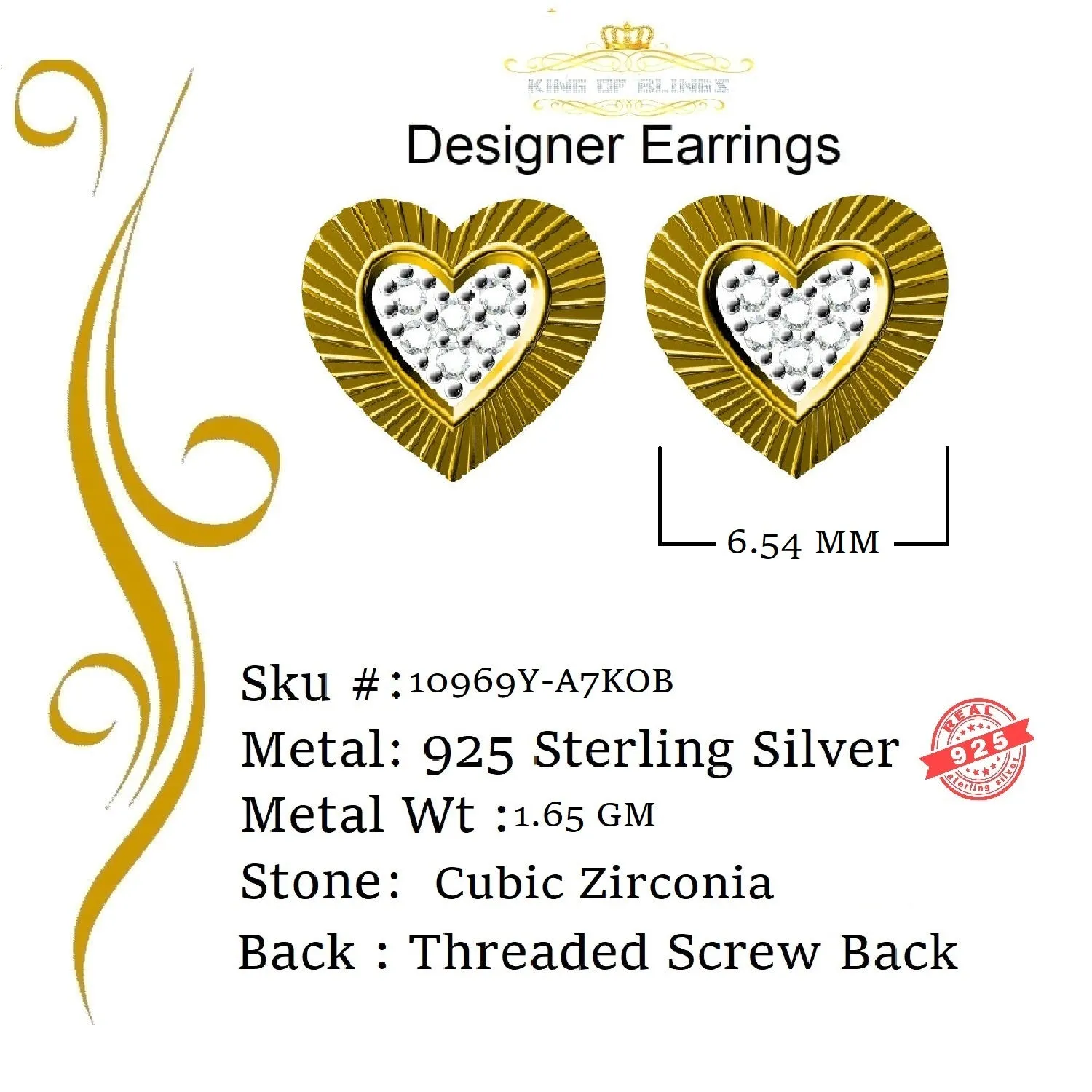 King of Bling's Aretes Para Hombre 925 Yellow Silver 1.28ct Cubic Zirconia Heart Women Earring