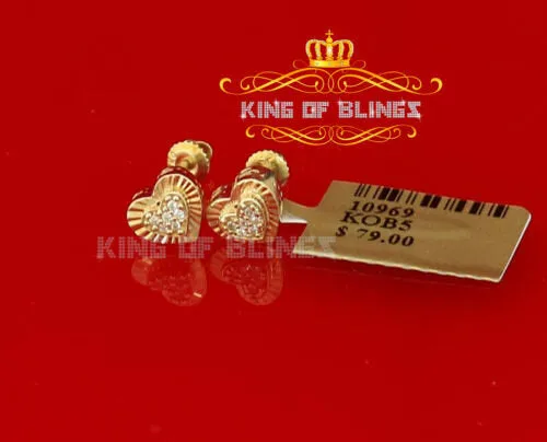 King of Bling's Aretes Para Hombre 925 Yellow Silver 1.28ct Cubic Zirconia Heart Women Earring
