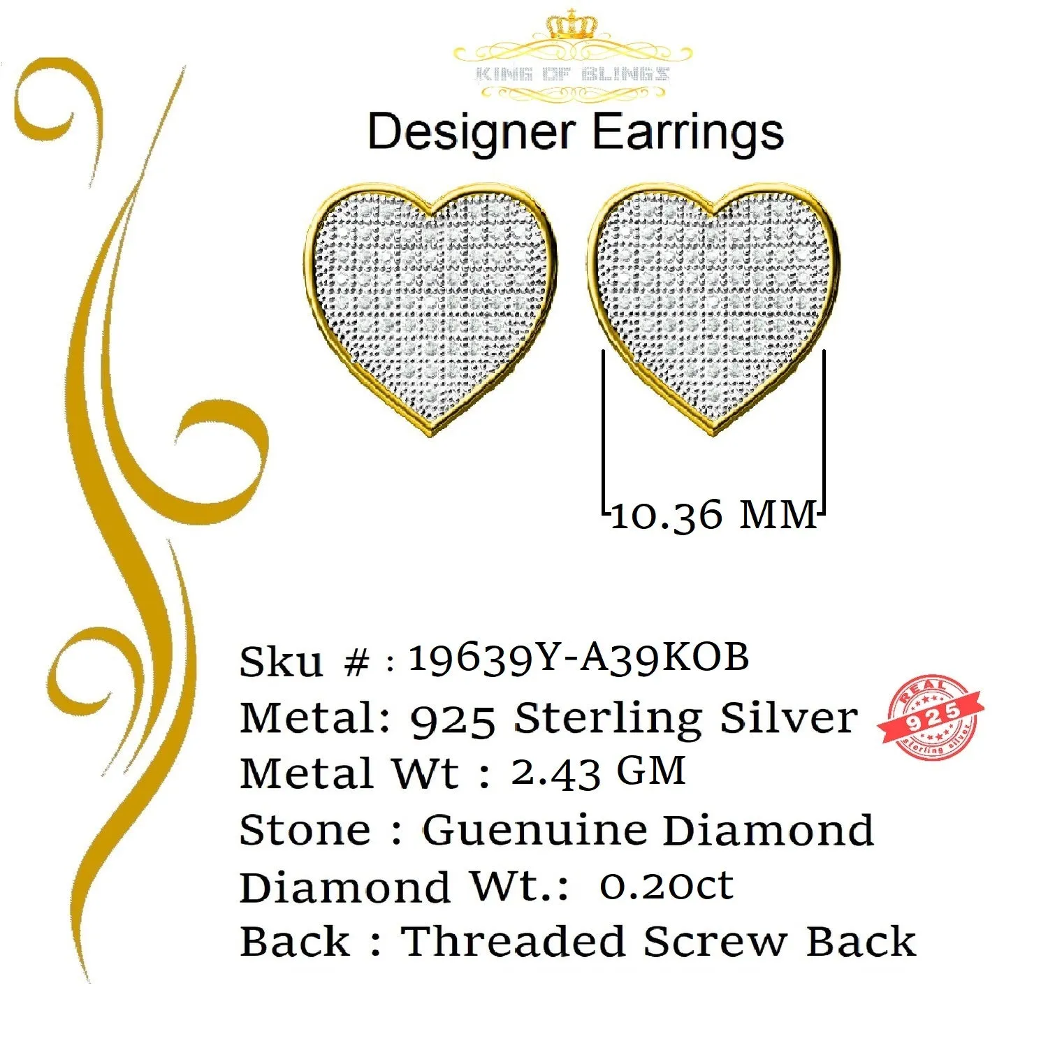 King of Blings-Aretes Para Hombre Heart 925 Yellow Silver 0.20ct Diamond Women's /Gents Earring
