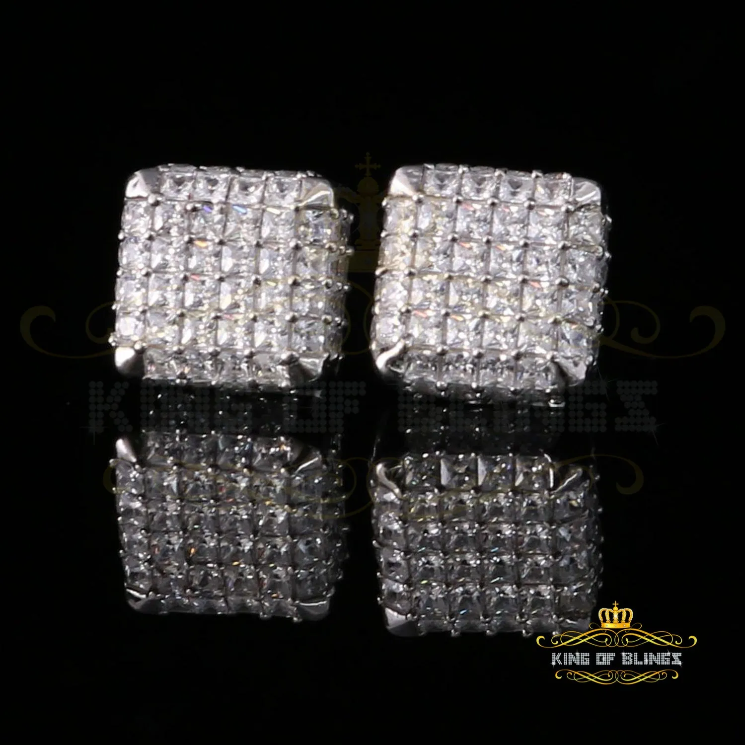 King of Blings- Cubic Zirconia 925 White Silver Screw Back1.95ct Hip Hop Square Women's Earrings