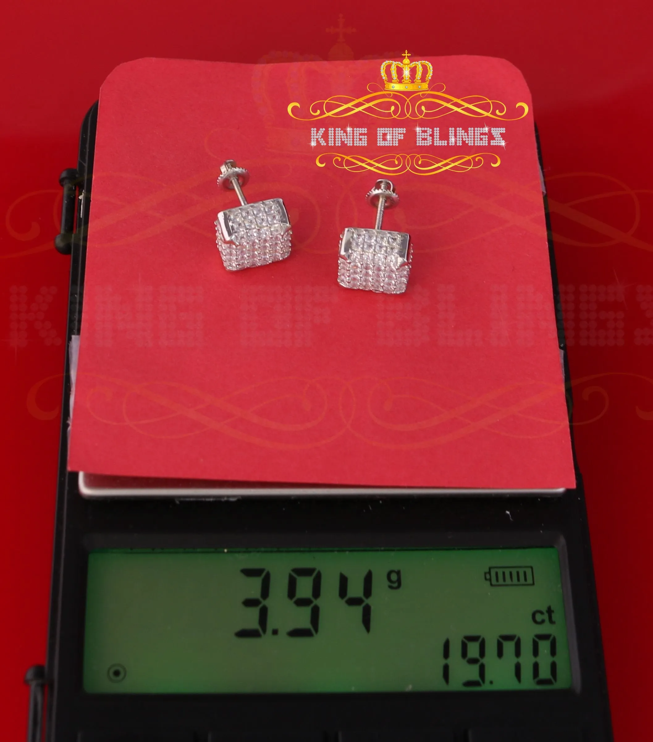 King of Blings- Cubic Zirconia 925 White Silver Screw Back1.95ct Hip Hop Square Women's Earrings
