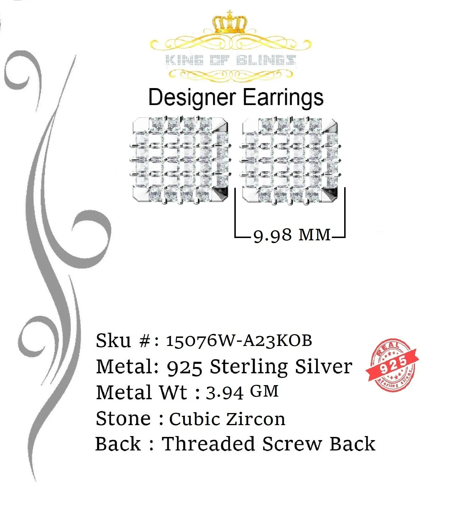 King of Blings- Cubic Zirconia 925 White Silver Screw Back1.95ct Hip Hop Square Women's Earrings