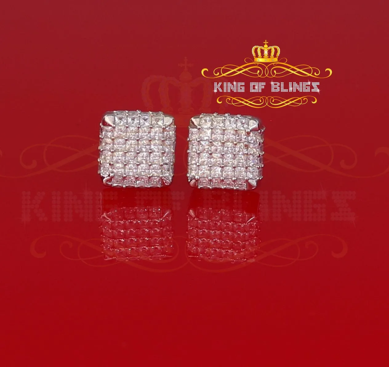 King of Blings- Cubic Zirconia 925 White Silver Screw Back1.95ct Hip Hop Square Women's Earrings