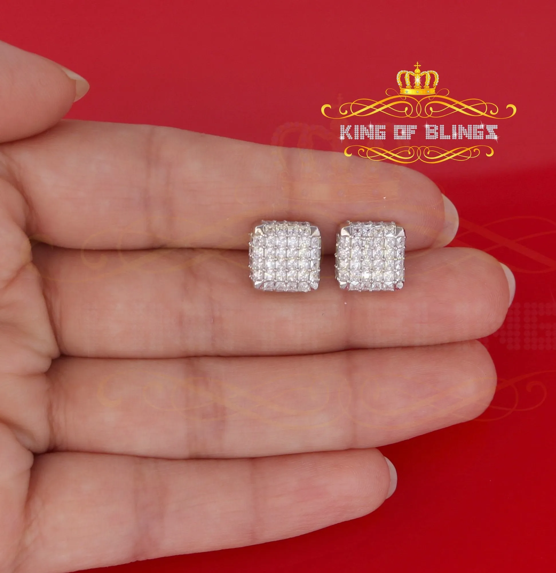 King of Blings- Cubic Zirconia 925 White Silver Screw Back1.95ct Hip Hop Square Women's Earrings